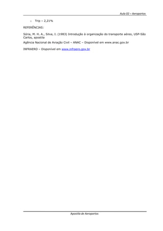 Aula 02 – Aeroportos
Apostila de Aeroportos
o Trip – 2,21%
REFERÊNCIAS:
Sória, M. H. A., Silva, I. (1983) Introdução à organização do transporte aéreo, USP-São
Carlos, apostila
Agência Nacional de Aviação Civil – ANAC – Disponível em www.anac.gov.br
INFRAERO – Disponível em www.infraero.gov.br
 