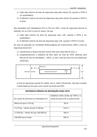 __________ _ Aula 05 – Aeroportos_
Apostila de Aeroportos
215
1) Cada lado externo da área de segurança seja pelo menos 2D, quando a FATO é
um quadrilátero;
2) O diâmetro externo da área de segurança seja pelo menos 2D quando a FATO é
circular.
Nas operações com helicópteros PC2 ou PC3 em VMC, a área de segurança deverá se
estender 3m ou 0,5D (o que for maior), tal que:
1) Cada lado externo da área de segurança seja ≥2D, quando a FATO é um
quadrilátero;
2) O diâmetro externo da área de segurança seja ≥2D, quando a FATO é circular.
No caso de operação em Condições Meteorológicas por Instrumentos (IMC) a área de
segurança deverá ter:
1) Lateralmente a largura de pelo menos 45m para cada lado do eixo, e
2) Longitudinalmente a distância de 60m além do final da FATO (definida pelo
Manual de Voo do Helicóptero – MFH), ou até o final da zona livre de obstáculos
(clearway).
A área de segurança quando for sólida, isto é, existir fisicamente, não deve exceder
a declividade de 4% para cima a partir da borda da FATO.
DISTÂNCIA MÍNIMA DE SEPARAÇÃO PARA FATO
Se o peso da aeronave ou helicóptero for
Distância entre borda da FATO e a
borda da pista P/D ou pista de táxi
Menor do que 3.175 kg 60 m
3.175 kg – menor do que 5.760 kg 120 m
5.7160 kg – menor do que 100.000 kg 180 m
100.000 kg ou maior 250 m
 