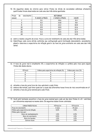 14
    5) Os seguintes dados de retorno para vários títulos de dívida de sociedades anônimas altamente
       qualificadas foram observados em cada uma das três datas apontadas.

      Prazo      de        vencimento                              RETORNO
      (anos)                              5 ANOS ATRÁS             2 ANOS ATRÁS                HOJE
                       1                       9.1                      14.6                     9.3
                       3                       9.2                      12.8                     9.8
                       5                       9.3                      12.2                    10.9
                      10                       9.5                      10.9                    12.6
                      15                       9.4                      10.7                    12.7
                      20                       9.3                      10.5                    12.9
                      30                       9.4                      10.5                    13.5

    a) sobre o mesmo conjunto de eixos, trace a curva de rendimento de cada uma das três datas dadas.
    b) Identifique cada curva obtida conforme sua configuração geral (inclinação descendente, ascendente,
       plana) e descreva a expectativa de inflação geral e da taxa de juros existente em cada uma das três
       datas.




    6) A taxa de juros real é atualmente 3%; a expectativa de inflação e o prêmio pelo risco para alguns
       títulos são dados abaixo.

                       TÍTULO               Prêmio pela expectativa de inflação (%)   Prêmio pelo risco (%)
                          A                                   6                                3
                          B                                   9                                2
                          C                                   8                                2
                          D                                   5                                4
                          E                                   11                               1


    a) obtenha a taxa de juros livre de risco aplicável a cada título;
    b) embora não notado, qual fator pode ser a causa das diferentes taxas livres de risco encontradas em a?
    c) obtenha a taxa de juros nominal para cada título.




    7) Você está tentando encontrar a taxa de juros nominal para cada um dos dois títulos A e B – emitidos
       por diferentes empresas na mesma data. Os seguintes dados foram coletados:

                       CARACTERÍSTICAS                              TÍTULO A                TÍTULO B
      Prazo de vencimento                                             3 anos                 15 anos
      Prêmio pela expectativa de inflação                              9,0%                   7,0%
      Prêmio pelo risco por:
                     Risco de inadimplemento                           1,0%                   2,0%
                       Risco de vencimento                             0,5%                   1,5%
                         Risco de liquidez                             1,0%                   1,0%
                          Outros riscos                                0.5%                   1,5%




Administração Financeira e Orçamentária
 