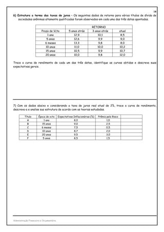 18
6) Estrutura a termo das taxas de juros – Os seguintes dados de retorno para vários títulos de dívida de
   sociedades anônimas altamente qualificadas foram observados em cada uma das três datas apontadas.

                                                                       RETORNO
                         Prazo de Vcto             5 anos atrás        3 anos atrás             atual
                              1 ano                    12,9                10,1                  8,5
                             5 anos                    12,6                 9,9                  9,0
                            6 meses                    13,3                 9,8                  8,0
                            10 anos                    11,0                10,0                 10,2
                            15 anos                    10,5                 9,9                 10,7
                            20 anos                    10,0                 9,8                 12,0

Trace a curva de rendimento de cada um das três datas, identifique as curvas obtidas e descreva suas
expectativas gerais.




7) Com os dados abaixo e considerando a taxa de juros real atual de 2%, trace a curva de rendimento,
descreva-a e analise sua estrutura de acordo com as teorias estudadas.

          Título       Época de vcto      Expectativas Inflacionárias (%)   Prêmio pelo Risco
            A               1 ano                      8,0                         1,0
            B             15 anos                      9,0                        2,5
            C            6 meses                       7,5                        0,5
            D             10 anos                      8,7                        2,0
            E             20 anos                      9,5                        3,0
            F              5 anos                      8,5                         1,5




Administração Financeira e Orçamentária
 