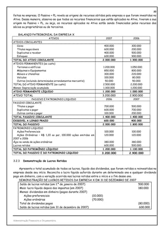 20
feitas na empresa. O Passivo + PL revela as origens de recursos obtidos pela empresa e que foram investidos no
Ativo. Dessa maneira, observa-se que todos os recursos financeiros que estão aplicados no Ativo, tiveram a sua
origem no Passivo + PL, ou seja, os recursos aplicados no Ativo estão sendo financiados pelos recursos dos
sócios ou proprietários ou de terceiros.

    BALANÇO PATRIMONIAL DA EMPRESA X
                                ATIVOS                                 2007                  2006
ATIVOS CIRCULANTES
   Caixa                                                              400.000              300.000
   Títulos negociáveis                                                600.000              200.000
   Duplicatas a receber                                               400.000              500.000
   Estoques                                                           600.000              900.000
TOTAL DO ATIVO CIRCULANTE                                            2.000.000            1.900.000
ATIVOS PERMANENTES (ao custo)
  Terrenos e edifícios                                               1.200.000            1.050.000
  Máquinas e Equipamentos                                             850.000              800.000
  Móveis e Utensílios                                                 300.000              220.000
  Veículos                                                            100.000               80.000
  Outros (incluindo determinados arrendamentos mercantis)              50.000               50.000
TOTAL DO ATIVO PERMANENTE (ao custo)                                 2.500.000            2.200.000
Menos: Depreciação acumulada                                         1.300.000            1.200.000
ATIVO PERMANENTE LÍQUIDO                                             1.200.000            1.000.000
ATIVO TOTAL                                                          3.200.000            2.900.000
               PASSIVO E PATRIMONIO LIQUIDO                            2006                  2007
PASSIVO CIRCULANTE
  Títulos a pagar                                                     700.000              500.000
  Duplicatas a pagar                                                  600.000              700.000
  Outras contas a pagar                                               100.000              200.000
TOTAL PASSIVO CIRCULANTE                                             1.400.000            1.400.000
EXIGIVEL A LONGO PRAZO                                                600.000              400.000
TOTAL DO PASSIVO                                                     2.000.000            1.800.000
PATRIMONIO LIQUIDO
   Ações Preferenciais                                                100.000              100.000
   Ações Ordinárias – R$ 1,20 ao par, 100.000 ações emitidas em       120.000              120.000
2007 e 2006
Ágio na venda de ações ordinárias                                     380.000              380.000
Lucros retidos                                                        600.000              500.000
TOTAL DO PATRIMÔNIO LÍQUIDO                                          1.200.000            1.100.000
TOTAL DO PASSIVO E DO PATRIMONIO LIQUIDO                            3.200.000             2.900.000

3.2.3    Demonstração de Lucros Retidos

    Apresenta o total acumulado de todos os lucros, líquido dos dividendos, que foram retidos e reinvestidos na
empresa desde seu início. Reconcilia o lucro líquido auferido durante um determinado ano e qualquer dividendo
pago em dinheiro, com a variação ocorrida nos lucros retidos entre o início e o fim desse ano.
    DEMONSTRAÇÃO DE LUCROS RETIDOS DA EMPRESA X EM 31 DE DEZEMBRO DE 2007
     Saldo de lucros retidos (em 1.º de janeiro de 2007)                                         500.000
     Mais: lucro líquido depois dos impostos (em 2007)                                           180.000
     Menos: dividendos em dinheiro (pagos durante 2007)
        Ações preferenciais                                   (10.000)
        Ações ordinárias                                      (70.000)
     Total de dividendos pagos                                                                   (80.000)
     Saldo de lucros retidos (em 31 de dezembro de 2007)                                          600.000



Administração Financeira e Orçamentária
 