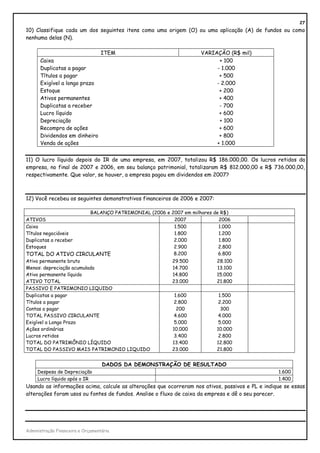 27
10) Classifique cada um dos seguintes itens como uma origem (O) ou uma aplicação (A) de fundos ou como
nenhuma delas (N).

                                   ITEM                             VARIAÇÃO (R$ mil)
      Caixa                                                               + 100
      Duplicatas a pagar                                                 - 1.000
      Títulos a pagar                                                     + 500
      Exigível a longo prazo                                             - 2.000
      Estoque                                                             + 200
      Ativos permanentes                                                  + 400
      Duplicatas a receber                                                - 700
      Lucro líquido                                                       + 600
      Depreciação                                                         + 100
      Recompra de ações                                                   + 600
      Dividendos em dinheiro                                              + 800
      Venda de ações                                                     + 1.000


11) O lucro líquido depois do IR de uma empresa, em 2007, totalizou R$ 186.000,00. Os lucros retidos da
empresa, no final de 2007 e 2006, em seu balanço patrimonial, totalizaram R$ 812.000,00 e R$ 736.000,00,
respectivamente. Que valor, se houver, a empresa pagou em dividendos em 2007?



12) Você recebeu os seguintes demonstrativos financeiros de 2006 e 2007:

                          BALANÇO PATRIMONIAL (2006 e 2007 em milhares de R$)
ATIVOS                                                 2007              2006
Caixa                                                  1.500             1.000
Títulos negociáveis                                    1.800             1.200
Duplicatas a receber                                   2.000             1.800
Estoques                                               2.900             2.800
TOTAL DO ATIVO CIRCULANTE                              8.200             6.800
Ativo permanente bruto                                29.500            28.100
Menos: depreciação acumulada                          14.700            13.100
Ativo permanente líquido                              14.800            15.000
ATIVO TOTAL                                           23.000            21.800
PASSIVO E PATRIMONIO LIQUIDO
Duplicatas a pagar                                     1.600             1.500
Títulos a pagar                                        2.800             2.200
Contas a pagar                                          200               300
TOTAL PASSIVO CIRCULANTE                               4.600             4.000
Exigível a Longo Prazo                                 5.000             5.000
Ações ordinárias                                      10.000            10.000
Lucros retidos                                         3.400             2.800
TOTAL DO PATRIMÔNIO LÍQUIDO                           13.400            12.800
TOTAL DO PASSIVO MAIS PATRIMONIO LIQUIDO              23.000            21.800


                                   DADOS DA DEMONSTRAÇÃO DE RESULTADO
     Despesa de Depreciação                                                                       1.600
     Lucro líquido após o IR                                                                      1.400
Usando as informações acima, calcule as alterações que ocorreram nos ativos, passivos e PL e indique se essas
alterações foram usos ou fontes de fundos. Analise o fluxo de caixa da empresa e dê o seu parecer.




Administração Financeira e Orçamentária
 