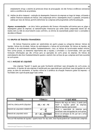 29
    simplesmente dirige o analista às potenciais áreas de preocupação; ela não fornece evidências conclusivas
    sobre a existência de um problema.

b) Análise de série-temporal – avaliação do desempenho financeiro da empresa ao longo do tempo, utilizando a
   análise financeira baseada em índices. Uma comparação entre o desempenho atual e o passado, utilizando a
   análise por meio de índices, permite determinar se a empresa está progredindo conforme planejado.



Algumas recomendações – um único índice geralmente não fornece informações suficientes para se julgar o
desempenho global da empresa; as demonstrações financeiras que estão sendo comparadas devem ser da
mesma data ou mês de encerramento (caso contrário, os efeitos de sazonalidade podem levar a conclusões e
decisões errôneas).
_______________________________________________

4.2 GRUPOS DE ÍNDICES FINANCEIROS

        Os índices financeiros podem ser subdivididos em quatro grupos ou categorias básicas: índices de
liquidez, índices de atividade, índices de endividamento e índices de lucratividade. Os índices de liquidez, de
atividade e de endividamento medem, fundamentalmente, risco; os índices de lucratividade medem retorno.
Para curtos prazos, os elementos importantes são a liquidez, a atividade e a lucratividade, visto que eles
fornecem informações que são críticas para as operações de curto prazo da empresa. Os índices de
endividamento são úteis fundamentalmente quando o analista tem certeza de que a empresa será bem-sucedida
no curto prazo.

4.2.1 ANÁLISE DE LIQUIDEZ

        Uma empresa “líquida” é aquela que pode facilmente satisfazer suas obrigações de curto prazo, no
vencimento. A liquidez de uma empresa é medida pela sua capacidade para satisfazer suas obrigações de curto
prazo, na data do vencimento. A liquidez refere-se à solvência da situação financeira global da empresa – a
facilidade com a qual ela pode pagar suas contas.




             ÍNDICES                          FÓRMULA                          O QUE MEDE
                                                                Embora não seja um índice, é usado para
CAPITAL CIRCULANTE LÍQUIDO                  CCL = AC - PC       medir a liquidez global da empresa.
                                                                (Mostra liquidez operacional)
ÍNDICE DE LIQUIDEZ CORRENTE                    LC = AC          Mede a capacidade da empresa para
                                                    PC          satisfazer suas obrigações de curto prazo.
ÍNDICE DE LIQUIDEZ SECO                   LS = AC – ESTOQUE     Exclui os estoques do AC, por ser o ativo
                                                     PC         de menor liquidez.
Para as três medidas de liquidez = quanto maior for seu valor, mais líquida poderá ser considerada a empresa.



Administração Financeira e Orçamentária
 
