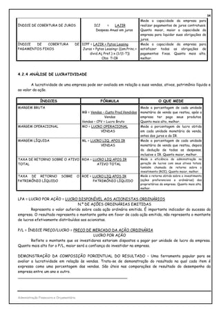 34
                                                                                Mede a capacidade da empresa para
ÍNDICE DE COBERTURA DE JUROS                       ICJ    =    LAJIR            realizar pagamentos de juros contratuais.
                                                    Despesa Anual em juros      Quanto maior, maior a capacidade da
                                                                                empresa para liquidar suas obrigações de
                                                                                juros.
ÍNDICE  DE    COBERTURA               DE ICPF = LAJIR + Pgtos Leasing           Mede a capacidade da empresa para
PAGAMENTOS FIXOS                          Juros + Pgtos Leasing+ {(am.Princ.+   satisfazer todas as obrigações de
                                              divid.Aç Pref.) x (1/(1-T)}       pagamentos fixas. Quanto mais alto,
                                                      Obs: T=IR                 melhor.



4.2.4 ANÁLISE DE LUCRATIVIDADE

        A lucratividade de uma empresa pode ser avaliada em relação a suas vendas, ativos, patrimônio líquido e
ao valor da ação.


               ÍNDICES                                 FÓRMULA                              O QUE MEDE
MARGEM BRUTA                                                                    Mede a porcentagem de cada unidade
                                            MB = Vendas – Custo Prod.Vendidos   monetária de venda que restou, após a
                                                          Vendas                empresa ter pago seus produtos.
                                            Vendas – CPV = Lucro Bruto          Quanto mais alto, melhor.
MARGEM OPERACIONAL                          MO = LUCRO OPERACIONAL              Mede a porcentagem de lucro obtido
                                                       VENDAS                   em cada unidade monetária de venda,
                                                                                antes dos juros e do IR.
MARGEM LÍQUIDA                              ML = LUCRO LIQ. APOS IR             Mede a porcentagem de cada unidade
                                                      VENDAS                    monetária de venda que restou, depois
                                                                                da dedução de todas as despesas,
                                                                                inclusive o IR. Quanto maior, melhor.
TAXA DE RETORNO SOBRE O ATIVO ROA = LUCRO LIQ APOS IR                           Mede a eficiência da administração na
TOTAL                                 ATIVO TOTAL                               geração de lucros com seus ativos totais;
                                                                                também chamada de retorno sobre o
                                                                                investimento (ROI). Quanto maior, melhor.
TAXA DE RETORNO SOBRE                     O ROE = LUCRO LIQ APOS IR             Mede o retorno obtido sobre o investimento
PATRIMÔNIO LÍQUIDO                                PATRIMÔNIO LÍQUIDO            (ações preferenciais e ordinárias) dos
                                                                                proprietários da empresa. Quanto mais alta,
                                                                                melhor.


LPA = LUCRO POR AÇÃO = LUCRO DISPONÍVEL AOS ACIONISTAS ORDINÁRIOS
                                  N.º DE AÇÕES ORDINÁRIAS EMITIDAS
        Representa o valor auferido sobre cada ação ordinária emitida. É importante indicador do sucesso da
empresa. O resultado representa o montante ganho em favor de cada ação emitida, não representa o montante
de lucros efetivamente distribuídos aos acionistas.

P/L = ÍNDICE PREÇO/LUCRO = PREÇO DE MERCADO DA AÇÃO ORDINÁRIA
                                            LUCRO POR AÇÃO
       Reflete o montante que os investidores estariam dispostos a pagar por unidade de lucro da empresa.
Quanto mais alto for o P/L, maior será a confiança do investidor na empresa.

DEMONSTRAÇÃO DA COMPOSIÇÃO PORCENTUAL DO RESULTADO – Uma ferramenta popular para se
avaliar a lucratividade em relação às vendas. Trata-se de demonstração do resultado na qual cada item é
expresso como uma porcentagem das vendas. São úteis nas comparações de resultado do desempenho da
empresa entre um ano e outro.
_______________________________________________




Administração Financeira e Orçamentária
 
