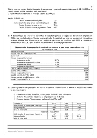38
Obs.: a empresa tem um leasing financeiro de quatro anos, requerendo pagamentos anuais de R$ 200.000,no no
começo do ano. Restam ainda três anos para correr.
O pagamento anual referente ao principal é de R$ 800.000,00.

Médias da Indústria:
              Índice de endividamento geral                 0,51
       Índice exigível a longo prazo-patrimônio líquido     1,07
              Índice de cobertura de juros                  7,30
              Índice de cobertura de pagamentos fixos       1,85




5) A demonstração da composição percentual do resultado para as operações de determinada empresa em
   2006 é apresentada abaixo. Usando a demonstração do resultado da empresa apresentado no problema
   anterior, elabore uma demonstração da composição percentual do resultado para 2007 e compare-a à
   demonstração de 2006. Quais as áreas requerem análise e investigação adicionais?

           Demonstração da composição do resultado da empresa X para o ano encerrado em 31 DE
                                                DEZEMBRO DE 2006
     Receita de vendas                                                                            100%
     Menos: Custo dos produtos vendidos                                                          65,9%
     Lucro Bruto                                                                                 34,1%
     Menos: Despesas Operacionais
            Despesas de vendas                               12,7%
            Despesas gerais e administrativas                 6,3%
            Despesas com leasing                              0,6%
            Despesas de depreciação                           3,6%
     TOTAL DAS DESPESAS OPERACIONAIS                                                             23,2%
     LUCRO OPERACIONAL                                                                           10,9%
     Menos: Despesas Financeiras                                                                  1,5%
     LUCRO LÍQUIDO ANTES DO IR                                                                    9,4%
     Menos: provisão para IR (alíquota = 40%)                                                     3,8%
     LUCRO LÍQUIDO APÓS IR                                                                        5,6%




6) Use a seguinte informação acerca dos índices da Johnson International e as médias da indústria referentes
   ao seu negócio para:

        a) Construir o sistema de análise DuPont para e Johnson e para a indústria;
        b) Avaliar a Johnson (e a indústria) ao longo do período de 3 anos;
        c) Em quais áreas a Johnson requer análise adicional? Por quê?

         JOHNSON                                           2000           2001          2002
         Multiplicador de alavancagem financeira            1,75           1,75          1,85
         Margem líquida                                    0,059          0,058         0,049
         Giro do ativo total                                2,11           2,18         2,34
                                               MÉDIAS DA INDÚSTRIA
         Multiplicador de alavancagem financeira            1,67           1,69          1,64
         Margem líquida                                    0,054          0,047         0,041
         Giro do ativo total                                2,05           2,13         2,15




Administração Financeira e Orçamentária
 