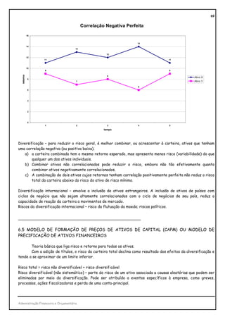 69


                                           Correlação Negativa Perfeita
            16


                                                                    14
            14
                                      13

                                                      12
            12
                 11                                                                  11



            10
                 9                                                                    9
  retorno




                                                       8
                                                                                                    Ativo X
            8
                                      7                                                             Ativo Y

                                                                    6
            6




            4




            2




            0
                 1                    2                3            4                 5

                                                     tempo




Diversificação – para reduzir o risco geral, é melhor combinar, ou acrescentar à carteira, ativos que tenham
uma correlação negativa (ou positiva baixa).
    a) a carteira combinada tem o mesmo retorno esperado, mas apresenta menos risco (variabilidade) do que
        qualquer um dos ativos individuais.
    b) Combinar ativos não correlacionados pode reduzir o risco, embora não tão efetivamente quanto
        combinar ativos negativamente correlacionados.
    c) A combinação de dois ativos cujos retornos tenham correlação positivamente perfeita não reduz o risco
        total da carteira abaixo do risco do ativo de risco mínimo.

Diversificação internacional – envolve a inclusão de ativos estrangeiros. A inclusão de ativos de países com
ciclos de negócio que não sejam altamente correlacionados com o ciclo de negócios de seu país, reduz a
capacidade de reação da carteira a movimentos de mercado.
Riscos da diversificação internacional – risco da flutuação da moeda; riscos políticos.


_______________________________________________

6.5 MODELO DE FORMAÇÃO DE PREÇOS DE ATIVOS DE CAPITAL (CAPM) OU MODELO DE
PRECIFICAÇÃO DE ATIVOS FINANCEIROS

       Teoria básica que liga risco e retorno para todos os ativos.
       Com a adição de títulos, o risco da carteira total declina como resultado dos efeitos da diversificação e
tende a se aproximar de um limite inferior.

Risco total = risco não diversificável + risco diversificável
Risco diversificável (não sistemático) – parte do risco de um ativo associada a causas aleatórias que podem ser
eliminadas por meio da diversificação. Pode ser atribuído a eventos específicos à empresa, como greves,
processos, ações fiscalizadoras e perda de uma conta-principal.




Administração Financeira e Orçamentária
 