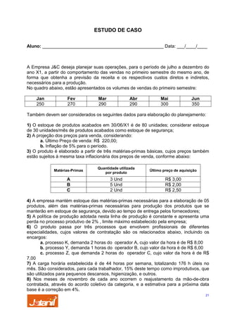 ESTUDO DE CASO
Aluno: ________________________________________________ Data: ___/____/____

A Empresa J&C deseja planejar suas operações, para o período de julho a dezembro do
ano X1, a partir do comportamento das vendas no primeiro semestre do mesmo ano, de
forma que obtenha a previsão da receita e os respectivos custos diretos e indiretos,
necessários para a produção.
No quadro abaixo, estão apresentados os volumes de vendas do primeiro semestre:
Jan
250

Fev
270

Mar
290

Abr
290

Mai
300

Jun
350

Também devem ser considerados os seguintes dados para elaboração do planejamento:
1) O estoque de produtos acabados em 30/06/X1 é de 80 unidades; considerar estoque
de 30 unidades/mês de produtos acabados como estoque de segurança;
2) A projeção dos preços para venda, considerando:
a. Último Preço de venda: R$ 220,00;
b. Inflação de 5% para o período.
3) O produto é elaborado a partir de três matérias-primas básicas, cujos preços também
estão sujeitos à mesma taxa inflacionária dos preços de venda, conforme abaixo:
Matérias-Primas

Quantidade utilizada
por produto

Último preço de aquisição

A
B
C

3 Und
5 Und
2 Und

R$ 3,00
R$ 2,00
R$ 2,50

4) A empresa mantém estoque das matérias-primas necessárias para a elaboração de 05
produtos, além das matérias-primas necessárias para produção dos produtos que se
manterão em estoque de segurança, devido ao tempo de entrega pelos fornecedores;
5) A política de produção adotada nesta linha de produção é constante e apresenta uma
perda no processo produtivo de 2% , limite máximo estabelecido pela empresa;
6) O produto passa por três processos que envolvem profissionais de diferentes
especialidades, cujos valores de contratação são os relacionados abaixo, incluindo os
encargos:
a. processo K, demanda 2 horas do operador A, cujo valor da hora é de R$ 8,00
b. processo Y, demanda 1 horas do operador B, cujo valor da hora é de R$ 6,00
c. processo Z, que demanda 2 horas do operador C, cujo valor da hora é de R$
7,00
7) A carga horária estabelecida é de 44 horas por semana, totalizando 176 h úteis no
mês. São considerados, para cada trabalhador, 15% deste tempo como improdutivos, que
são utilizados para pequenos descansos, higienização, e outros.
8) Nos meses de novembro de cada ano ocorrem o reajustamento da mão-de-obra
contratada, através do acordo coletivo da categoria, e a estimativa para a próxima data
base é a correção em 4%.
21

 