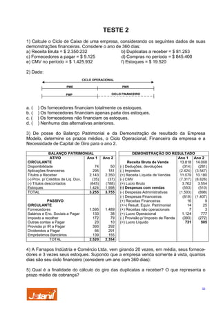 TESTE 2
1) Calcule o Ciclo de Caixa de uma empresa, considerando os seguintes dados de suas
demonstrações financeiras. Considere o ano de 360 dias:
a) Receita Bruta = $ 2.350.232
b) Duplicatas a receber = $ 81.253
c) Fornecedores a pagar = $ 9.125
d) Compras no período = $ 845.400
e) CMV no período = $ 1.425.932
f) Estoques = $ 19.520
2) Dado:
CICLO OPERACIONAL
PME
PMP

a. (
b. (
c. (
d. (

PMR
CICLO FINANCEIRO

) Os fornecedores financiam totalmente os estoques.
) Os fornecedores financiam apenas parte dos estoques.
) Os fornecedores não financiam os estoques.
) Nenhuma das alternativas anteriores.

3) De posse do Balanço Patrimonial e da Demonstração de resultado da Empresa
Modelo, determine os prazos médios, o Ciclo Operacional, Financeiro da empresa e a
Necessidade de Capital de Giro para o ano 2.
BALANÇO PATRIMONIAL
ATIVO
Ano 1
CIRCULANTE
Disponibilidade
74
Aplicações financeiras
295
Títulos a Receber
2.143
(-) Prov. p/ Créditos de Liq. Duv.
(35)
(-) Títulos descontados
(645)
Estoques
1.424
3.255
TOTAL
PASSIVO
CIRCULANTE
Fornecedores
Salários e Enc. Sociais a Pagar
Imposto a recolher
Outras contas a Pagar
Provisão p/ IR a Pagar
Dividendos a Pagar
Empréstimos Bancários
TOTAL

1.595
133
172
23
393
66
139
2.520

Ano 2
50
181
2.350
(37)
(788)
1.998
3.755

1.489
38
79
10
292
291
155
2.354

DEMONSTRAÇÃO DO RESULTADO
Ano 1 Ano 2
Receita Bruta de Venda
13.818 14.008
(-) Deduções, devoluções
(314)
(281)
(-) Impostos
(2.424) (3.547)
(=) Receita Líquida de Vendas
11.079 10.180
(-) CMV
(7.317) (6.626)
(=) Lucro Bruto
3.762
3.554
(-) Despesas com vendas
(553)
(510)
(-) Despesas Administrativas
(1.503)
(898)
(-) Despesas Financeiras
(618) (1.407)
(+) Receitas Financeiras
16
9
(+/-) Result. Equiv. Patrimonial
14
25
(+) Receitas não operacionais
7
3
(=) Lucro Operacional
1.124
777
(-) Provisão p/ Imposto de Renda
(393)
(272)
731
505
(=) Lucro Líquido

4) A Farrapos Indústria e Comércio Ltda. vem girando 20 vezes, em média, seus fornecedores e 3 vezes seus estoques. Supondo que a empresa venda somente à vista, quantos
dias são seu ciclo financeiro (considere um ano com 360 dias):
5) Qual é a finalidade do cálculo do giro das duplicatas a receber? O que representa o
prazo médio de cobrança?
32

 
