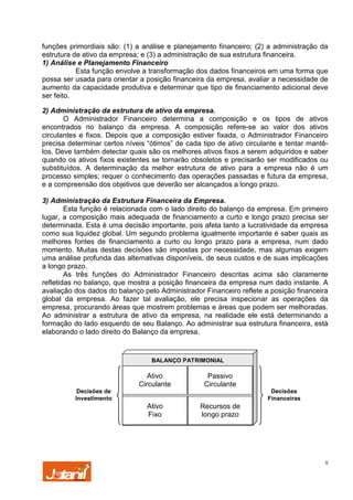 funções primordiais são: (1) a análise e planejamento financeiro; (2) a administração da
estrutura de ativo da empresa; e (3) a administração de sua estrutura financeira.
1) Análise e Planejamento Financeiro
Esta função envolve a transformação dos dados financeiros em uma forma que
possa ser usada para orientar a posição financeira da empresa, avaliar a necessidade de
aumento da capacidade produtiva e determinar que tipo de financiamento adicional deve
ser feito.
2) Administração da estrutura de ativo da empresa.
O Administrador Financeiro determina a composição e os tipos de ativos
encontrados no balanço da empresa. A composição refere-se ao valor dos ativos
circulantes e fixos. Depois que a composição estiver fixada, o Administrador Financeiro
precisa determinar certos níveis “ótimos” de cada tipo de ativo circulante e tentar mantêlos. Deve também detectar quais são os melhores ativos fixos a serem adquiridos e saber
quando os ativos fixos existentes se tornarão obsoletos e precisarão ser modificados ou
substituídos. A determinação da melhor estrutura de ativo para a empresa não é um
processo simples; requer o conhecimento das operações passadas e futura da empresa,
e a compreensão dos objetivos que deverão ser alcançados a longo prazo.
3) Administração da Estrutura Financeira da Empresa.
Esta função é relacionada com o lado direito do balanço da empresa. Em primeiro
lugar, a composição mais adequada de financiamento a curto e longo prazo precisa ser
determinada. Esta é uma decisão importante, pois afeta tanto a lucratividade da empresa
como sua liquidez global. Um segundo problema igualmente importante é saber quais as
melhores fontes de financiamento a curto ou longo prazo para a empresa, num dado
momento. Muitas destas decisões são impostas por necessidade, mas algumas exigem
uma análise profunda das alternativas disponíveis, de seus custos e de suas implicações
a longo prazo.
As três funções do Administrador Financeiro descritas acima são claramente
refletidas no balanço, que mostra a posição financeira da empresa num dado instante. A
avaliação dos dados do balanço pelo Administrador Financeiro reflete a posição financeira
global da empresa. Ao fazer tal avaliação, ele precisa inspecionar as operações da
empresa, procurando áreas que mostrem problemas e áreas que podem ser melhoradas.
Ao administrar a estrutura de ativo da empresa, na realidade ele está determinando a
formação do lado esquerdo de seu Balanço. Ao administrar sua estrutura financeira, está
elaborando o lado direito do Balanço da empresa.

BALANÇO PATRIMONIAL

Ativo
Circulante

Passivo
Circulante

Decisões de
Investimento

Decisões
Financeiras

Ativo
Fixo

Recursos de
longo prazo

9

 