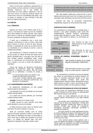 CONTABILIDADE GERAL PARA CONCURSOS                                                                                     Prof. Eudimar

     Assim, de forma bem simplificada, representamos os
fatos contábeis ocorridos, utilizando o método das partidas                   • DEBITAR significa lançar valores do lado esquerdo do razonete;
dobradas. Observa-se que o fato contábil fica                                 • CREDITAR significa lançar valores do lado direito do razonete.
demonstrado de forma analítica, espelhando o fato tal
qual como ocorreu, de modo que qualquer pessoa com                                Obs.: Esta relação é válida para a conta mas não o é para o
conhecimento mínimo de Contabilidade pode saber o que                         balanço patrimonial, pelo menos não na íntegra, pois temos as
se passou na entidade, ou seja, vislumbra o fato pela                         chamadas contas retificadoras que funcionam de forma inversa.
leitura do registro (lançamento).
                                                                                  Tomando por base as convenções anteriormente
4.4 CONTAS                                                                    estabelecidas, chegamos ao funcionamento das contas.

4.4.1 CONCEITO
                                                                              CONTAS DO ATIVO E DESPESAS
    Segundo nos ensina o Prof. Antônio Lopes de Sá, a                         Por representarem os investimentos da entidade (bens e
conta é o instrumento de registro que tem por finalidade                      direitos) e seus gastos (despesas), estas contas têm
reunir fatos contábeis da mesma natureza, sendo aberta                        obrigatoriamente   natureza   devedora    apresentando
para encerrar os valores de realização passada, presente                      sempre saldos devedores ou nulos. Assim, os aumentos
ou futura, recebendo um título que a identifica.                              de valor virão através de débitos e as diminuições por
                                                                              créditos:
    É assim que a entendemos, pois a conta deve
expressar a ferramenta ou meio, ou ainda, o local onde                       CONTAS DE ATIVO OU             Todo aumento de ativo ou de
vamos registrar ou alocar os fatos de igual natureza.                             DESPESA                   despesa lança-se no lado esquerdo:
Portanto, a quantidade de contas que se pode encontrar                                                      DEBITA-SE;
na contabilidade de uma empresa é enorme e varia de                         DÉBITOS         CRÉDITOS
entidade para entidade.                                                                                     Toda diminuição de ativo ou de
                                                                        AUMENTOS         DIMINUIÇÕES        despesa lança-se no lado direito:
    Para entendermos a mecânica envolvida nas contas,
                                                                                                            CREDITA-SE.
há que se fazer um estudo da teoria das contas, pois a
grande dificuldade para o concurseiro (que não seja da                        CONTAS DO PASSIVO, PATRIMÔNIO LÍQUIDO E
área contábil) entender contabilidade reside, muitas                          RECEITAS
vezes, no entendimento do funcionamento das contas,               CONTAS DE PASSIVO,             Todo aumento de passivo, PL ou receita
isto é, quando e por quê as contas são debitadas ou                  PL, RECEITAS                lança-se no lado direito : CREDITA-SE
creditadas?
                                                                  Débitos        Créditos
    Contas são grupos de elementos semelhantes
integrantes do patrimônio. Nelas são registrados                                                 Toda diminuição de passivo, PL ou receita
aumentos e reduções de valores. Mas há outras                   Diminuições     Aumentos         lança-se no lado esquerdo : DEBITA-SE.
formas de se apresentar o conceito de contas, a
saber:
    -   é a representação gráfica dos débitos e dos                                Por representarem as fontes de recursos da entidade
        créditos dos elementos patrimoniais;                                  que podem ser provenientes de terceiros (passivo), de
    -   é um termo contábil utilizado para registrar                          sócios ou acionistas (patrimônio líquido) ou de suas
        ocorrências nos elementos patrimoniais, nas                           próprias atividades (receitas), estas contas têm
        Receitas e nas Despesas.                                              obrigatoriamente natureza credora, apresentando sempre
                                                                              saldos credores ou nulos, e, assim, os aumentos de valor
4.4.2 FUNCIONAMENTO DAS CONTAS                                                virão através de créditos e as diminuições por débitos:
   Ao registrarmos contabilmente um fato contábil
                                                                              CONTAS RETIFICADORAS DE ATIVO E DE PASSIVO
devemos observar dois aspectos:
                                                                                 Essas contas, por representarem retificações de seus
   a) A aplicação de recursos da entidade, por convenção
                                                                              grupos, funcionam de forma inversa ao funcionamento
contábil chamada Débito;                                                      das contas dos grupos a que retificam.
   b) A origem dos recursos aplicados, por convenção                                  Assim, as contas retificadoras de ativo são de
contábil chamada Crédito.                                                     natureza credora, aumentando-se o seu saldo mediante
                                                                              crédito.
   Exemplo: compra de um veículo à vista
                                                                                     Os exemplos mais característicos de contas dessa
   O débito ocorrerá na conta "Veículos" onde estão
                                                                              natureza são as contas que representam: Provisão para
sendo aplicados os recursos da entidade.                                      devedores duvidosos, Provisão para Ajuste ao valor de
                                                                              mercado, Provisão para perdas de investimento,
   O crédito ocorrerá na conta "Caixa" ou “Bancos conta
                                                                              Amortização acumulada, Depreciação acumulada e
Movimento” de onde se originam os recursos.                                   Exaustão acumulada etc.
    Ainda por convenção contábil, como as contas                                     De modo contrário as contas retificadoras de ativo,
possuem dois lados (esquerdo e direito), os aumentos de                       as contas retificadoras de passivo e Patrimônio Líquido são
                                                                              de natureza devedora, devendo ser debitadas quando
valor podem ser registrados num lado e as diminuições no
                                                                              aumentam seu saldo e creditadas quando se extinguem
outro, sendo que os débitos são colocados em primeiro                         ou diminuem seu saldo.
lugar e os créditos em segundo lugar, vale dizer,
                                                                                      Como exemplo dessas contas podemos citar a
registramos a aplicação e logo após a origem, assim;                          conta que registra as despesas no resultado de exercícios
                                                                              futuros, ações em tesouraria que retifica de Patrimônio
                                                                              Líquido assim como prejuízos acumulados.



14                                                       Estudarei até passar!!!
 
