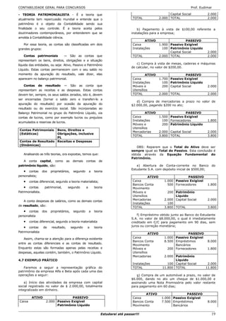 CONTABILIDADE GERAL PARA CONCURSOS                                                                                         Prof. Eudimar

- TEORIA PATRIMONIALISTA - É a teoria que                                                                     Capital Social         2.000
atualmente tem repercussão mundial e entende que o                                   TOTAL              2.000 TOTAL                  2.000
patrimônio é o objeto da Contabilidade sendo sua
finalidade o seu controle. É a teoria aceita pelos                                      b) Pagamento à vista de $100,00 referente a
doutrinadores contemporâneos, por entenderem que se                                 instalações para a empresa;
amolda à Contabilidade ciência.
                                                                                             ATIVO                      PASSIVO
   Por essa teoria, as contas são classificadas em dois                              Caixa              1.900 Passivo Exigível
grandes grupos:                                                                      Instalações          100 Patrimônio Líquido
                                                                                                              Capital Social         2.000
    Contas patrimoniais         — São as contas que                                  TOTAL              2.000 TOTAL                  2.000
representam os bens, direitos, obrigações e a situação
líquida das entidades, ou seja: Ativo, Passivo e Patrimônio                            c) Compra à vista de mesas, cadeiras e máquinas
                                                                                    de calcular, no valor de $200,00.
Líquido. Estas contas permanecem com o seu saldo no
momento da apuração do resultado, vale dizer, elas                                           ATIVO                      PASSIVO
aparecem no balanço patrimonial.                                                     Caixa              1.700 Passivo Exigível
                                                                                     Instalações          100 Patrimônio Líquido
    Contas de resultado — São as conta que                                           Móveis e             200 Capital Social         2.000
representam as receitas e as despesas. Estas contas                                  Utensílios
devem ter, sempre, os seus saldos zerados, isto é, devem                             TOTAL              2.000 TOTAL                  2.000
ser encerradas (tornar o saldo zero e transferi-lo a
                                                                                       d) Compra de mercadorias a prazo no valor de
apuração do resultado) por ocasião da apuração do                                   $2.000,00, pagando $200 no ato;
resultado ou do exercício social. São incorporadas ao
Balanço Patrimonial no grupo do Patrimônio Líquido, via                                      ATIVO                     PASSIVO
contas de lucros, como por exemplo lucros ou prejuízos                               Caixa              1.500 Passivo Exigível
                                                                                     Instalações          100 Fornecedores           1.800
acumulados e reservas de lucros.
                                                                                     Móveis e             200 Patrimônio Líquido
                                                                                     Utensílios
Contas Patrimoniais Bens, Direitos e
                                                                                     Mercadorias        2.000 Capital Social         2.000
(Estáticas)         Obrigações, inclusive
                                                                                     TOTAL              3.800 TOTAL                  3.800
                    PL
Contas de Resultado Receitas e Despesas
(Dinâmicas)
                                                                                        OBS: Reparem que o Total do Ativo deve ser
                                                                                    sempre igual ao Total do Passivo. Esta conclusão é
   Analisando as três teorias, ora expostas, temos que:                             obtida através da Equação Fundamental do
                                                                                    Patrimônio.
   A conta capital, como              as    demais    contas     de
patrimônio líquido, são:                                                               e) Abertura de Conta-corrente no Banco          do
                                                                                    Estudante S.A. com depósito inicial de $500,00;
   • contas        dos   proprietários,     segundo       a   teoria
personalista;                                                                                   ATIVO                   PASSIVO
   •    contas diferencial, segundo a teoria materialista;                           Caixa                 1.000 Passivo Exigível
                                                                                     Bancos Conta            500 Fornecedores        1.800
   •   contas       patrimonial,       segundo        a       teoria                 Movimento
Patrimonialista.                                                                     Móveis e                200 Patrimônio
                                                                                     Utensílios                  Líquido
    A conta despesas de salários, como as demais contas                              Mercadorias           2.000 Capital Social      2.000
                                                                                     Instalações             100
de resultado, são:
                                                                                     TOTAL                 3.800 TOTAL               3.800
   •   contas      dos   proprietários,     segundo       a   teoria
personalista                                                                            f) Empréstimo obtido junto ao Banco do Estudante
                                                                                    S.A. no valor de $8.000,00, o qual é imediatamente
   •    contas diferencial, segundo a teoria materialista                           creditado em C/C para pagamento em 90 dias, sem
   •   contas      de    resultado,        segundo    a       teoria                juros ou correção monetária;
Patrimonialista
                                                                                                ATIVO                    PASSIVO
    Assim, chama-se a atenção para a diferença existente                             Caixa                 1.000 Passivo Exigível
                                                                                     Bancos Conta          8.500 Empréstimos         8.000
entre as contas diferenciais e as contas de resultado.
                                                                                     Movimento                   Bancários
Enquanto estas são formadas apenas pelas receitas e                                  Móveis e                200 Fornecedores        1.800
despesas, aquelas contém, também, o Patrimônio Líquido.                              Utensílios
                                                                                     Mercadorias           2.000 Patrimônio
4.7 EXEMPLO PRÁTICO                                                                                              Líquido
                                                                                     Instalações             100 Capital Social      2.000
   Faremos a seguir a representação gráfica do                                       TOTAL                11.800 TOTAL              11.800
patrimônio da empresa Alfa e Beta após cada uma das
operações a seguir:                                                                    g) Compra de um automóvel a prazo, no valor de
                                                                                    $6.000, dando no ato um cheque de $1.000,00 e
    a) Início das atividades da empresa com capital                                 assinando uma Nota Promissória pelo valor restante
social registrado no valor de $ 2.000,00, totalmente                                para pagamento em 60 dias;
integralizado em dinheiro.
                                                                                             ATIVO                     PASSIVO
         ATIVO                      PASSIVO                                          Caixa               1.000 Passivo Exigível
Caixa                2.000 Passivo Exigível                                          Bancos Conta        7.500 Empréstimos           8.000
                           Patrimônio Líquido                                        Movimento                 Bancários

                                                                  Estudarei até passar!!!                                              19
 