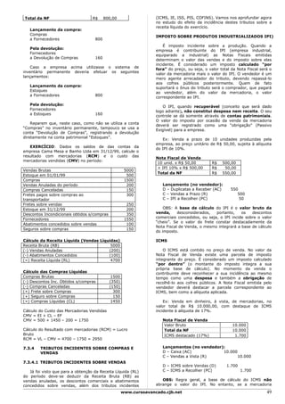 Total da NF                        R$     800,00                   (ICMS, IE, ISS, PIS, COFINS). Vamos nos aprofundar agora
                                                                   no estudo do efeito da incidência destes tributos sobre a
                                                                   receita líquida do exercício.
   Lançamento da compra:
   Compras
                                                                   IMPOSTO SOBRE PRODUTOS INDUSTRIALIZADOS IPI)
   a Fornecedores                   800
                                                                       É imposto incidente sobre a produção. Quando a
   Pela devolução:
                                                                   empresa é contribuinte do IPI (empresa industrial,
   Fornecedores
                                                                   equiparado a industrial) as Notas Fiscais emitidas
   a Devolução de Compras           160
                                                                   determinam o valor das vendas e do imposto sobre elas
                                                                   incidente. É considerado um imposto calculado “por
   Caso a empresa acima utilizasse o sistema de
                                                                   fora” do preço, ou seja, o valor total da Nota Fiscal será o
inventário permanente deveria efetuar os seguintes
                                                                   valor da mercadoria mais o valor do IPI. O vendedor é um
lançamentos:
                                                                   mero agente arrecadador do tributo, devendo repassá-lo
                                                                   aos cofres públicos posteriormente. Quem de fato
   Lançamento da compra:
                                                                   suportará o ônus do tributo será o comprador, que pagará
   Estoques
                                                                   ao vendedor, além do valor da mercadoria, o valor
   a Fornecedores                   800
                                                                   correspondente ao IPI.
   Pela devolução:
                                                                      O IPI, quando recuperável (conceito que será dado
   Fornecedores
                                                                   logo adiante), não constitui despesa nem receita. O seu
   a Estoques                       160
                                                                   controle se dá somente através de contas patrimoniais.
                                                                   O valor do imposto por ocasião da venda da mercadoria
    Reparem que, neste caso, como não se utiliza a conta
                                                                   deverá ser registrado como uma “obrigação” (Passivo
“Compras” no inventário permanente, tampouco se usa a
                                                                   Exigível) para a empresa.
conta “Devolução de Compras”, registrando a devolução
diretamente na conta patrimonial “Estoques”.
                                                                      Ex: Venda a prazo de 10 unidades produzidas pela
                                                                   empresa, ao preço unitário de R$ 50,00, sujeita à alíquota
   EXERCÍCIO: Dados os saldos de das contas da
                                                                   do IPI de 10%.
empresa Cama Mesa e Banho Ltda em 31/12/99, calcule o
resultado com mercadorias (RCM) e o custo das
                                                                   Nota Fiscal de Venda
mercadorias vendidas (CMV) no período:
                                                                    10 unid. x R$ 50,00         R$   500,00
                                                                    + IPI 10% x R$ 500,00       R$    50,00
Vendas Brutas                                         5000
                                                                    Total da NF                 R$   550,00
Estoque em 01/01/99                                    500
Compras                                               1500
Vendas Anuladas do período                             200            Lançamento (no vendedor):
Compras Canceladas                                     150            D – Duplicatas a Receber (AC)      550
Fretes pagos sobre compras ao                          300            C – Vendas a Prazo (R)                500
transportador                                                         C – IPI a Recolher (PC)                50
Fretes sobre vendas                                    250
Estoque em 31/12/99                                    200             OBS: A base de cálculo do IPI é o valor bruto da
Descontos Incondicionais obtidos s/compras             350         venda,     desconsiderados,   portanto,    os   descontos
                                                                   comerciais concedidos, ou seja, o IPI incide sobre o valor
Fornecedores                                          1550
                                                                   “cheio”. Se o valor do frete constar destacadamente da
Abatimentos concedidos sobre vendas                    100
                                                                   Nota Fiscal de Venda, o mesmo integrará a base de cálculo
Seguros sobre compras                                  150
                                                                   do imposto.

Cálculo da Receita Líquida (Vendas Líquidas)                       ICMS
Receita Bruta (RB)                      5000
(-) Vendas Anuladas                    (200)                           O ICMS está contido no preço de venda. No valor da
(-) Abatimentos Concedidos             (100)                       Nota Fiscal de Venda existe uma parcela de imposto
(=) Receita Líquida (RL)                4700                       integrante do preço. É considerado um imposto calculado
                                                                   “por dentro” (o montante do imposto integra a sua
                                                                   própria base de cálculo). No momento da venda o
Cálculo das Compras Líquidas                                       contribuinte deve reconhecer a sua incidência ao mesmo
Compras Brutas                                1500                 tempo como uma despesa e também a obrigação de
(-) Descontos Inc. Obtidos s/compras         (350)                 recolhê-lo aos cofres públicos. A Nota Fiscal emitida pelo
(-) Compras Canceladas                       (150)                 vendedor deverá destacar a parcela correspondente ao
(+) Frete sobre Compras                        300                 ICMS, bem como a alíquota aplicada.
(+) Seguro sobre Compras                       150
(=) Compras Líquidas (CL)                     1450                     Ex: Venda em dinheiro, à vista, de mercadorias, no
                                                                   valor total de R$ 10.000,00, com destaque de ICMS
Cálculo do Custo das Mercadorias Vendidas                          incidente à alíquota de 17%.
CMV = EI + CL – EF
CMV = 500 + 1450 – 200 = 1750                                         Nota Fiscal de Venda
                                                                      Valor Bruto                         10.000
Cálculo do Resultado com mercadorias (RCM) = Lucro                    Total da NF                         10.000
Bruto                                                                 ICMS destacado (17%)                 1.700
RCM = VL – CMV = 4700 – 1750 = 2950

7.3.4   TRIBUTOS INCIDENTES SOBRE COMPRAS E                           Lançamentos (no vendedor):
        VENDAS                                                        D – Caixa (AC)           10.000
                                                                      C – Vendas a Vista (R)          10.000
7.3.4.1 TRIBUTOS INCIDENTES SOBRE VENDAS
                                                                      D – ICMS sobre Vendas (D)        1.700
   Já foi visto que para a obtenção da Receita Líquida (RL)           C – ICMS a Recolher (PC)                 1.700
do período deve-se deduzir da Receita Bruta (RB) as
vendas anuladas, os descontos comerciais e abatimentos                OBS: Regra geral, a base de cálculo do ICMS não
concedidos sobre vendas, além dos tributos incidentes              abrange o valor do IPI. No entanto, se a mercadoria

                                                     www.cursoavancado.cjb.net                                              49
 