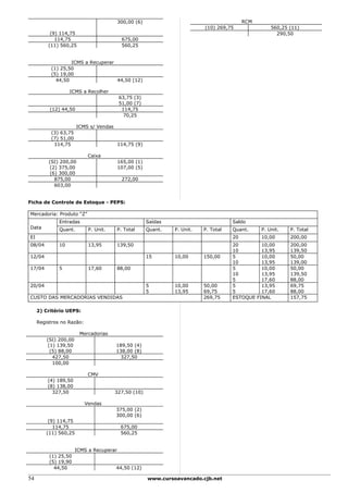300,00 (6)                                       RCM
                                                                           (10) 269,75               560,25 (11)
          (9) 114,75                                                                                   290,50
            114,75                         675,00
         (11) 560,25                       560,25


                  ICMS a Recuperar
          (1) 25,50
          (5) 19,00
            44,50                  44,50 (12)

                   ICMS a Recolher
                                          63,75 (3)
                                          51,00 (7)
          (12) 44,50                       114,75
                                            70,25

                       ICMS s/ Vendas
          (3) 63,75
          (7) 51,00
           114,75                         114,75 (9)

                            Caixa
         (SI) 200,00                      165,00 (1)
          (2) 375,00                      107,00 (5)
          (6) 300,00
            875,00                         272,00
            603,00


Ficha de Controle de Estoque - PEPS:

Mercadoria: Produto “Z”
              Entradas                                 Saídas                         Saldo
Data          Quant.        P. Unit.    P. Total       Quant.   P. Unit.   P. Total   Quant.     P. Unit.   P. Total
EI                                                                                    20         10,00      200,00
08/04         10            13,95       139,50                                        20        10,00       200,00
                                                                                      10        13,95       139,50
12/04                                                  15       10,00      150,00     5         10,00       50,00
                                                                                      10        13,95       139,00
17/04         5             17,60       88,00                                         5         10,00       50,00
                                                                                      10        13,95       139,50
                                                                                      5         17,60       88,00
20/04                                                  5        10,00      50,00      5         13,95       69,75
                                                       5        13,95      69,75      5         17,60       88,00
CUSTO DAS MERCADORIAS VENDIDAS                                             269,75     ESTOQUE FINAL         157,75

     2) Critério UEPS:

     Registros no Razão:

                        Mercadorias
         (SI) 200,00
          (1) 139,50                    189,50 (4)
           (5) 88,00                    138,00 (8)
            427,50                       327,50
            100,00

                            CMV
         (4) 189,50
         (8) 138,00
           327,50                       327,50 (10)

                           Vendas
                                        375,00 (2)
                                        300,00 (6)
         (9) 114,75
           114,75                          675,00
        (11) 560,25                        560,25


                       ICMS a Recuperar
          (1) 25,50
          (5) 19,90
            44,50                       44,50 (12)

54                                                     www.cursoavancado.cjb.net
 