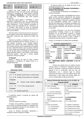 CONTABILIDADE GERAL PARA CONCURSOS                                                                                         Prof. Eudimar

A                                                                                         As Reservas podem ser de capital, de lucros ou de
         P
                     A + PL = P                      A + SL = P                       reavaliação de bens do ativo.
PL
                                                                                      2.6 O PATRIMÔNIO NO BALANÇO PATRIMONIAL –
         Nota-se que nesta situação o PL assume as                                    NOÇÕES PRELIMINARES
     características do Ativo, com saldo devedor. Esta situação                           Um dos princípios fundamentais de Contabilidade é o
     caracteriza a inexistência de capital próprio conhecida                          Princípio da Entidade.
     como Passivo a Descoberto e no Balanço Patrimonial                                    Com base neste princípio a Contabilidade deve tratar a
     ela pode estar representada pela conta Prejuízos                                 pessoa jurídica (empresa) distintamente das pessoas
     Acumulados.                                                                      físicas e/ou jurídicas dos proprietários. A Contabilidade,
         Para que ocorra passivo a descoberto, a conta                                nos exemplos a seguir, é feita para a entidade e não para
     PREJUÍZOS ACUMULADOS deve ser, necessariamente,                                  os seus proprietários; portanto, todo o estudo que
     maior que as demais contas que compõem o PL que não                              faremos será voltado para os interesses da entidade como
     sejam retificadoras. A conta Prejuízos Acumulados se                             distinta de seus proprietários, muito embora, o que for útil
     constitui numa conta retificadora de PL e conforme a Lei                         para a empresa, usualmente, será útil para os seus sócios
     n.º 6.404/76, deve figurar no grupo do Patrimônio                                ou acionistas.
     Líquido, sendo portanto a situação acima apresentada um
     mero recurso didático.                                                               O balanço patrimonial é um dos mais importantes
                                                                                      demonstrativos contábeis, através do qual podemos
        Mas fique atento, pois já houve prova de concurso em                          identificar, em um determinado momento, a situação
     que foi exigida a forma acima representada, guiando-se o                         patrimonial e financeira de uma pessoa jurídica. Nesta
     examinador meramente pela natureza dos saldos das                                peça contábil é que se evidencia o ativo, o passivo, o
     contas.                                                                          resultado de exercícios futuros e o patrimônio Líquido.
         Podemos ter, também, a situação em que o PL = P,                             A seguir, um exemplo de um balanço bem simplificado.
     havendo a inexistência de bens e direitos, ou seja, A = 0.
     Essa hipótese caracteriza a pior situação (relativa)
                                                                                              FALIDOS & ASSOCIADOS S.A.
     possível, pois o passivo está 100% a descoberto. Assim,
                                                                                         BALANÇO PATRIMONIAL EM 31/12/20X0
     se no próximo concurso nos for apresentada uma situação
                                                                                            ATIVO                       PASSIVO
     em que o patrimônio líquido é igual ao passivo, devemos
                                                                               Caixa               2.000,00 Títulos a Pagar     7.000,00
     ter muito cuidado para responder, pois pode representar
                                                                               Bancos              1.600,00 Obrigações a Pagar 3.600,00
     que não há ativo, dando a conotação de o passivo ser o
                                                                               Duplic. a Receber   6.000,00
     próprio patrimônio líquido, o que constitui a pior situação
                                                                               Imóveis             3.400,00 Patrimônio Líquido
     patrimonial possível.    Vale dizer, o passivo exigível
                                                                               Veículos           1.000,00  Capital             8.000,00
     representa o Prejuízo Acumulado.
                                                                               Mercadorias        6.000,00  Lucros             1.400,00
         3ª Situação:                                                          TOTAL             20.000,00  TOTAL             20.000,00
         Quando o Passivo for igual ao Ativo, teremos
     caracterizada a inexistência de Capital Próprio ou a                             2.7  ESTRUTURA BÁSICA CONFORME A LEI Nº
     situação líquida nula.                                                           6.404/76

                                                                                              Embora este capítulo tenha por objetivo fornecer
                       A        P           A=P
                                                                                      conceitos básicos e introdutórios, entendemos oportuno,
                                                                                      desde já, apresentar a estrutura do Balanço Patrimonial
             Resumindo, Temos:                                                        segundo a Lei n.º 6.404/1976, para que nós nos
         1ª Situação                                                                  familiarizemos com a estrutura legal do balanço
                                                                                      patrimonial, pois todos os concursos públicos exigem esse
         a) A > P          Situação Líquida Positiva ou Superavitária.                conhecimento, e nada melhor que começar desde já a
         b) A = SL         Situação Líquida positiva sem obrigações                   usar os conceitos legais do balanço patrimonial.

         2ª Situação
                                                                                 Balanço Patrimonial encerrado em 31.12.19X1, da
         A < P                      Situação Líquida Negativa “passivo a                                Empresa ALPHA
         descoberto”
                                                                                           1.   ATIVO                          2.   PASSIVO
         A=0               P = SL      Pior situação possível                 1.1 Ativo circulante                   2.1 Passivo circulante
         3ª Situação                                                             1.1.1 Disponibilidades              2.2 Passivo Exigível a Longo
                                                                                                                     Prazo
         A=P               Situação Líquida Nula
                                                                                 1.1.2 Direitos realizáveis          2.3 Resultado de Exercícios
                                                                                 durante o exercício social          Futuros
        O Patrimônio Líquido é composto por apenas três                          subseqüente
     elementos básicos:                                                          1.1.3 Despesas do exercício         2.4 PATRIMÔNIO
         Capital;
                                                                                 seguinte                            LÍQUIDO
         Reservas;
         Lucros ou prejuízos acumulados.                                       1.2 Ativo Realizável a Longo          2.4.1 Capital Social
                                                                              Prazo
         O Capital, como já definido, representa a importância
                                                                              1.3 Ativo Permanente                   (-) Capital a Integralizar
     que os sócios ou acionistas entregaram a sociedade, bem
     como as importâncias geradas por esta entidade e que                         1.3.1 Investimentos                2.4.2 Reservas de Capital
     esteja formalmente incorporada.                                              1.3.2 Imobilizado                  2.4.3 Reservas de Lucros
                                                                                  1.3.2 Diferido                     2.4.4 Reserva de Reavaliação
         Lucros ou Prejuízos Acumulados representam o
     resultado da própria evolução da entidade.                                                                      2.4.5 Lucros ou Prejuízos
                                                                                                                     Acumulados

                                                                  Estudarei até passar!!!                                                         5
 