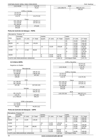 CONTABILIDADE GERAL PARA CONCURSOS                                                                                         Prof. Eudimar
       (12) 44,50              114,75                                                       RCM
                                70,25                                        (10) 269,75                    560,25 (11)
                                                                                                              290,50
                       ICMS s/ Vendas
          (3) 63,75
          (7) 51,00
           114,75                         114,75 (9)

                            Caixa
         (SI) 200,00                      165,00 (1)
          (2) 375,00                      107,00 (5)
          (6) 300,00
            875,00                         272,00
            603,00

Ficha de Controle de Estoque - PEPS:

Mercadoria: Produto “Z”
              Entradas                                 Saídas                          Saldo
Data          Quant.        P. Unit.    P. Total       Quant.    P. Unit.   P. Total   Quant.           P. Unit.       P. Total
EI                                                                                     20               10,00          200,00
08/04         10            13,95       139,50                                         20        10,00                 200,00
                                                                                       10        13,95                 139,50
12/04                                                  15        10,00      150,00     5         10,00                 50,00
                                                                                       10        13,95                 139,00
17/04         5             17,60       88,00                                          5         10,00                 50,00
                                                                                       10        13,95                 139,50
                                                                                       5         17,60                 88,00
20/04                                                  5         10,00      50,00      5         13,95                 69,75
                                                       5         13,95      69,75      5         17,60                 88,00
CUSTO DAS MERCADORIAS VENDIDAS                                              269,75     ESTOQUE FINAL                   157,75

     2) Critério UEPS:                                                                 ICMS a Recolher
                                                                                                                   63,75 (3)
     Registros no Razão:                                                                                           51,00 (7)
                                                                               (12) 44,50                           114,75
                        Mercadorias                                                                                 70,25
         (SI) 200,00
          (1) 139,50                    189,50 (4)                                     ICMS s/ Vendas
           (5) 88,00                    138,00 (8)                             (3) 63,75
            427,50                       327,50                                (7) 51,00
            100,00                                                              114,75                           114,75 (9)

                            CMV                                                                 Caixa
         (4) 189,50                                                           (SI) 200,00                        165,00 (1)
         (8) 138,00                                                            (2) 375,00                        107,00 (5)
           327,50                       327,50 (10)                            (6) 300,00
                                                                                 875,00                             272,00
                           Vendas                                                603,00
                                        375,00 (2)
                                        300,00 (6)                                              RCM
         (9) 114,75                                                           (10) 327,50                       560,25 (11)
           114,75                          675,00                                                                 232,75
        (11) 560,25                        560,25


                       ICMS a Recuperar
          (1) 25,50
          (5) 19,90
            44,50                       44,50 (12)

Ficha de Controle de Estoques - UEPS:

Mercadoria: Produto “Z”
            Entradas                                   Saídas                          Saldo
Data        Quant.      P. Unit.        P. Total       Quant.   P. Unit.    P. Total   Quant.         P. Unit.         P. Total
EI                                                                                     20             10,00            200,00
08/04       10          13,95           139,50                                         20             10,00            200,00
                                                                                       10             13,95            139,50
12/04                                                  10       13,95       139,50
                                                       5        10,00       50,00      15             10,00            150,00
17/04        5             17,60        88,00                                          15             10,00            150,00
                                                                                       5              17,60            88,00
20/04                                                  5        17,60       88,00
                                                       5        10,00       50,00      10        10,00                 100,00
CUSTO DAS MERCADORIAS VENDIDAS                                              327,50     ESTOQUE FINAL                   100,00

54                                                      www.cursoavancado.cjb.net
 