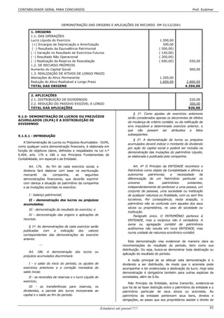 CONTABILIDADE GERAL PARA CONCURSOS                                                                                        Prof. Eudimar




                              DEMONSTRAÇÃO DAS ORIGENS E APLICAÇÕES DE RECURSO EM 31/12/20X1

        1. ORIGENS
        1.1. DAS OPERAÇÕES
        Lucro Líquido do Exercício                                                                  1.590,00
         (+) Encargos de Depreciação e Amortização                                                    590,00
         ( -) Resultado da Equivalência Patrimonial                                                ( 500,00)
        ( -) Variação no Resultado de Exercícios Futuros                                           ( 140,00)
        ( -) Resultado Não Operacional                                                             ( 200,00)
        ( -) Realização da Reserva de Reavaliação                                                  ( 690,00)            650,00
        1.2. DE RECURSO PRÓPRIOS
        Aumento do Capital Social                                                                                       900,00
        1.3. REALIZAÇÃO DE ATIVOS DE LONGO PRAZO
        Alienações do Ativo Permanente                                                             1.200,00
        Redução do Ativo Realizável a Longo Prazo                                                  1.600,00           2.800,00
        TOTAL DAS ORIGENS                                                                                            4.350,00


        2. APLICAÇÕES
        2.1. DISTRIBUIÇÃO DE DIVIDENDOS                                                                                 520,00
        2.2. REDUÇÃO DO PASSIVO EXIGÍVEL A LONGO                                                                        300,00
        TOTAL DAS APLICAÇÕES                                                                                           820,00
                                                                                 § 1º. Como ajustes de exercícios anteriores
9.1.5- DEMONSTRAÇÃO DE LUCROS OU PREJUÍZOS                                   serão considerados apenas os decorrentes de efeitos
ACUMULADOS (DLPA) E A DISTRIBUIÇÃO DE
                                                                             da mudança de critério contábil, ou da retificação de
DIVIDENDO
                                                                             erro imputável a determinado exercício anterior, e
                                                                             que não possam ser atribuídos a fatos
9.1.5.1 - INTRODUÇÃO                                                         subseqüentes.
                                                                                 § 2º. A demonstração de lucros ou prejuízos
    A Demonstração de Lucros ou Prejuízos Acumulados - DLPA,
                                                                             acumulados deverá indicar o montante do dividendo
como qualquer outra demonstração financeira, é elaborada em
                                                                             por ação do capital social e poderá ser incluída na
função de objetivos claros, definidos e respaldados na Lei n.º
                                                                             demonstração das mutações do patrimônio Líquido,
6.404, arts. 176 e 186 e nos Princípios Fundamentais de
                                                                             se elaborada e publicada pela companhia.
Contabilidade, em especial o da Entidade.

       Art. 176. Ao fim de cada exercício social, a                              Art. 4º O Princípio da ENTIDADE reconhece o
   diretoria fará elaborar com base na escrituração                          Patrimônio como objeto da Contabilidade e afirma a
   mercantil     da    companhia,      as   seguintes                        autonomia     patrimonial,    a   necessidade    da
   demonstrações financeiras, que deverão exprimir                           diferenciação de um Patrimônio particular no
   com clareza a situação do patrimônio da companhia                         universo       dos      patrimônios      existentes,
   e as mutações ocorridas no exercício:                                     independentemente de pertencer a uma pessoa, um
                                                                             conjunto de pessoas, uma sociedade ou instituição
       I - balanço patrimonial;                                              de qualquer natureza ou finalidade, com ou sem fins
      II - demonstração dos lucros ou prejuízos                              lucrativos. Por conseqüência, nesta acepção, o
   acumulados;                                                               patrimônio não se confunde com aqueles dos seus
                                                                             sócios ou proprietários, no caso de sociedade ou
       III - demonstração do resultado do exercício; e
                                                                             instituição.
       IV - demonstração das origens e aplicações de                              Parágrafo único. O PATRIMÔNIO pertence à
   recursos.                                                                 ENTIDADE, mas a recíproca não é verdadeira. A
                                                                             soma ou agregação contábil de patrimônios
       § 1º. As demonstrações de cada exercício serão
                                                                             autônomos não resulta em nova ENTIDADE, mas
   publicadas    com   a   indicação   dos    valores
                                                                             numa unidade de natureza econômico-contábil.
   correspondentes das demonstrações do exercício
   anterior.
                                                                             Esta demonstração visa evidenciar de maneira clara as
              ...                                                        movimentações do resultado do período, bem como sua
                                                                         distribuição. Ou seja, busca-se demonstrar toda destinação ou
       Art. 186. A demonstração dos          lucros   ou
                                                                         aplicação do resultado do período.
   prejuízos acumulados discriminará:
                                                                             A razão principal de se efetuar esta demonstração é o
       I - o saldo do inicio do período, os ajustes de                   dividendo a ser distribuído, de modo que o acionista pode
   exercícios anteriores e a correção monetária do                       acompanhar e ter evidenciada a destinação do lucro. Hoje esta
   saldo inicial;                                                        demonstração é obrigatória também para outras espécies de
      II - as reversões de reservas e o lucro Líquido do                 sociedades, além da S.As.
   exercício;
                                                                             Pelo Princípio da Entidade, acima transcrito, evidencia-se
       III - as transferências para reservas, os                         que há de se fazer distinção entre o patrimônio da entidade e o
   dividendos, a parcela dos lucros incorporada ao                       patrimônio particular de seus sócios ou acionistas. Ao
   capital e o saldo ao fim do período.                                  patrimônio da entidade pertencem seus bens, direitos e
                                                                         obrigações, ao passo que aos proprietários assiste o direito de

                                                           Estudarei até passar!!!!!                                                 93
 