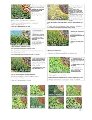 12
-- Possui sistema radicular muito
vigoroso e desenvolvido que lhe
garante boa resistência à seca;
-- Adapta-se bem a todo tipo de
solo, com exceção aos de
umidade excessiva;
-- Comprovadamente um ótimo
fixador de nitrogênio do ar;
> É de fácil consórcio, apesar de não tolerar o abafamento;
> Forragem com mais de 20% de proteína bruta; É muito palatável
inclusive na época seca do ano;
> Produz até 15 t de MS/ha/ano em 3 a 4 cortes;
-- Possui sistema radicular muito
vigoroso e desenvolvido que lhe
garante boa resistência à seca;
-- Adapta-se bem a todo tipo de
solo, com exceção aos de
umidade excessiva;
-- Comprovadamente um ótimo
fixador de nitrogênio do ar;
> É de fácil consórcio, apesar de não tolerar o abafamento;
> Forragem com mais de 20% de proteína bruta; É muito palatável
inclusive na época seca do ano;
> Produz até 15 t de MS/ha/ano em 3 a 4 cortes;
-- Grande potencial de uso,
tanto nos cerrados como no
Sul do Brasil;
-- Contribui para a diminuição
de alguns nematóides do solo;
-- É utilizada como adubo
verde por ser grande fixadora
de nitrogênio;
-- Crescimento rápido,
cobrindo o solo rapidamente;
-- Muito utilizada para a
rotação de culturas;
> Planta melhoradora e recuperadora de solos ;
> Bom sistema radicular, melhorando a infiltração de água
> Boa capacidade de fixar nitrogênio e promover uma elevada reciclagem de
vários nutrientes no perfil do solo;
> Normalmente quase não tem problemas com pragas e/ou doenças;
-- Perene, arbustiva e muito versátil
quanto a sua utilização, além de
fornecer forragem de excelente
qualidade;
-- Muito resistente à seca,
suportando inclusive inundações
periódicas, fogo e geadas leves;
-- Prefere solos férteis, com PH em
torno de 6;
-- Grande facilidade em consórcios
com gramíneas devido seu porte
ereto e arbustivo, muito indicada
para banco de proteínas com plantio
em faixas em locais estratégicos da
pastagem;
> Pode ser utilizada na produção de madeira, cerca viva, melhoramento do solo,
etc;
> Produção de até 20 t de MS/ha/ano de forragem de excelente qualidade com
15% de proteína bruta e possuindo excelente poder de rebrota.
-- Boa produção de biomassa;
-- Efeitos favoráveis na
diminuição das populações de
nematóides;
-- Ciclo curto;
-- Boa para rotação em áreas
irrigadas;
> Boa produção de biomassa;
> Indicada como redutora de populações de nematóides do solo;
-- É uma leguminosa com
alto potencial para fixação de
nitrogênio do ar, chegando a
200 kg/ha/ano;
-- Produção média de 10 t de
MS/ha/ano;
-- Ótimo para cobertura
verde em pomares e jardins
sempre aliada à boa
resistência ao pisoteio.
> Se propaga por sementes ou estolões;
> Sua forragem é muito palatável, com teor de proteína bruta em torno de 18%;
> Razoável resistência à seca e ao frio e prefere solos de boa fertilidade
-- Possui sistema radicular muito
vigoroso e desenvolvido que lhe
garante boa resistência à seca;
-- Adapta-se bem a todo tipo de
solo, com exceção aos de
umidade excessiva;
-- Comprovadamente um ótimo
fixador de nitrogênio do ar;
> É de fácil consórcio, apesar de não tolerar o abafamento;
> Forragem com mais de 20% de proteína bruta; É muito palatável
inclusive na época seca do ano;
> Produz até 15 t de MS/ha/ano em 3 a 4 cortes;
 