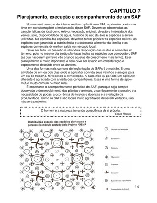 14
CAPÍTULO 7
Planejamento, execução e acompanhamento de um SAF
No momento em que decidimos realizar o plantio em SAF, o primeiro ponto a se
levar em consideração é a implantação desse SAF. Devem ser observadas as
características do local como relevo, vegetação original, direção e intensidade dos
ventos, solo, disponibilidade de água, histórico de uso da área e espécies a serem
utilizadas. Na escolha das espécies, devemos tentar priorizar as espécies nativas, as
espécies que garantirão a subsistência e a soberania alimentar da família e as
espécies comerciais de melhor saída no mercado local.
Deve ser feito um desenho ilustrando a disposição das mudas e sementes no
terrreno, pois no mesmo dia serão plantadas todas as espécies que comporão o SAF
(as que nascerem primeiro vão criando aquelas de crescimento mais lento). Esse
planejamento é muito importante e nele deve ser levado em consideração o
espaçamento desejado entre as árvores.
Uma das formas mais comuns de implantação de SAFs é o mutirão. É uma
atividade de um ou dois dias onde o agricultor convida seus vizinhos e amigos para
um dia de trabalho, fornecendo a alimentação. A cada mês ou período um agricultor
diferente é agraciado com a visita dos companheiros. Essa é uma forma de apoio
mútuo muito comum no meio rural.
É importante o acompanhamento periódico do SAF, para que seja sempre
observado o desenvolvimento das plantas e animais, o sombreamento excessivo e a
necessidade de podas, a ocorrência de insetos e doenças e a avaliação da
produtividade. Como os SAFs são locais muito agradáveis de serem visitados, isso
não será problema!
O homem é a natureza tomando consciência de si própria.
Elisèe Reclus
 