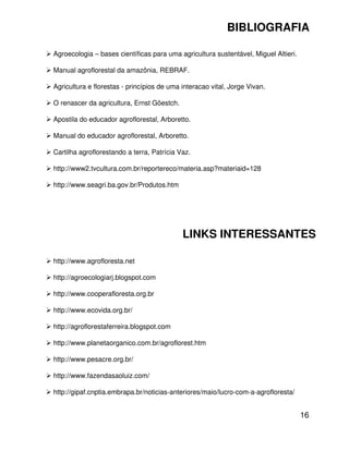 16
BIBLIOGRAFIA
LINKS INTERESSANTES
Agroecologia – bases científicas para uma agricultura sustentável, Miguel Altieri.
Manual agroflorestal da amazônia, REBRAF.
Agricultura e florestas - princípios de uma interacao vital, Jorge Vivan.
O renascer da agricultura, Ernst Göestch.
Apostila do educador agroflorestal, Arboretto.
Manual do educador agroflorestal, Arboretto.
Cartilha agroflorestando a terra, Patrícia Vaz.
http://www2.tvcultura.com.br/reportereco/materia.asp?materiaid=128
http://www.seagri.ba.gov.br/Produtos.htm
http://www.agrofloresta.net
http://agroecologiarj.blogspot.com
http://www.cooperafloresta.org.br
http://www.ecovida.org.br/
http://agroflorestaferreira.blogspot.com
http://www.planetaorganico.com.br/agroflorest.htm
http://www.pesacre.org.br/
http://www.fazendasaoluiz.com/
http://gipaf.cnptia.embrapa.br/noticias-anteriores/maio/lucro-com-a-agrofloresta/
 