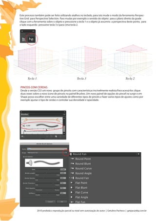 2010 proibida a reprodução parcial ou total sem autorização do autor | Getulino Pacheco | getpac@dtp.com.br
Este processo também pode ser feito utilizando atalhos no teclado, para isto mude o modo da ferramenta Perspec-
tive Grid para Perspective Selection. Para mudar por exemplo o sentido do objeto para o plano direito da grade
clique com a ferramenta sobre o objeto e presssione a tecla 1 e o objeto já assumira a perspectiva deste ponto, para
o lado esquerdo pressoine tecla 3 e para cima tecla 2.
Tecla 1 Tecla 3 Tecla 2
Pinceis com cerdas
Desde a versão CS5 um novo grupo de pincéis com características incrivelmente realista.Para acessá-los clique
duas vezes sobre o novo ícone de pinceis no painel Brushes. Um novo painel de opções do pincel ira surgir e em
Shape posso escolher entre uma variedade de diferentes tipos de pincéis e fazer varios tipos de ajustes como por
exemplo ajustar o tipo de cerdas e controlar sua densidade e opacidade.
 