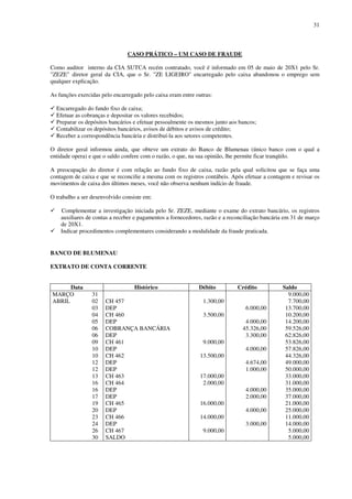 31
CASO PRÁTICO – UM CASO DE FRAUDE
Como auditor interno da CIA SUTCA recém contratado, você é informado em 05 de maio de 20X1 pelo Sr.
"ZEZE" diretor geral da CIA, que o Sr. "ZE LIGEIRO" encarregado pelo caixa abandonou o emprego sem
qualquer explicação.
As funções exercidas pelo encarregado pelo caixa eram entre outras:
Encarregado do fundo fixo de caixa;
Efetuar as cobranças e depositar os valores recebidos;
Preparar os depósitos bancários e efetuar pessoalmente os mesmos junto aos bancos;
Contabilizar os depósitos bancários, avisos de débitos e avisos de crédito;
Receber a correspondência bancária e distribuí-la aos setores competentes.
O diretor geral informou ainda, que obteve um extrato do Banco de Blumenau (único banco com o qual a
entidade opera) e que o saldo confere com o razão, o que, na sua opinião, lhe permite ficar tranqüilo.
A preocupação do diretor é com relação ao fundo fixo de caixa, razão pela qual solicitou que se faça uma
contagem de caixa e que se reconcilie a mesma com os registros contábeis. Após efetuar a contagem e revisar os
movimentos de caixa dos últimos meses, você não observa nenhum indício de fraude.
O trabalho a ser desenvolvido consiste em:
Complementar a investigação iniciada pelo Sr. ZEZE, mediante o exame do extrato bancário, os registros
auxiliares de contas a receber e pagamentos a fornecedores, razão e a reconciliação bancária em 31 de março
de 20X1.
Indicar procedimentos complementares considerando a modalidade da fraude praticada.
BANCO DE BLUMENAU
EXTRATO DE CONTA CORRENTE
Data Histórico Débito Crédito Saldo
MARÇO 31 9.000,00
ABRIL 02 CH 457 1.300,00 7.700,00
03 DEP 6.000,00 13.700,00
04 CH 460 3.500,00 10.200,00
05 DEP 4.000,00 14.200,00
06 COBRANÇA BANCÁRIA 45.326,00 59.526,00
06 DEP 3.300,00 62.826,00
09 CH 461 9.000,00 53.826,00
10 DEP 4.000,00 57.826,00
10 CH 462 13.500,00 44.326,00
12 DEP 4.674,00 49.000,00
12 DEP 1.000,00 50.000,00
13 CH 463 17.000,00 33.000,00
16 CH 464 2.000,00 31.000,00
16 DEP 4.000,00 35.000,00
17 DEP 2.000,00 37.000,00
19 CH 465 16.000,00 21.000,00
20 DEP 4.000,00 25.000,00
23 CH 466 14.000,00 11.000,00
24 DEP 3.000,00 14.000,00
26 CH 467 9.000,00 5.000,00
30 SALDO 5.000,00
 