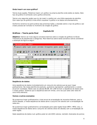 16
Tem os várias opções para o formato de horas. É importante observar que no Brasil utilizamos
o relógio de 24 horas, em que o formato padrão é: KKPPVV . Já o padrão americano utiliza
o relógio de 12 horas, em que são utilizados os símbolos AM e PM.
6. A opção Personalizado perm ite que sejam definidos formatos especiais, com o por exemplo a
utilização de quatro dígitos para exibição do ano, conform e exem plo da lição anterior.
Para a definição personalizada de GDWDV, podemos utilizar os códigos e orientações indicados
na figura a seguir:
 
