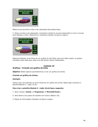 50
Dê um clique no botão OK. Você estará de volta a janela Configurar Página. Agora vam os
definir o rodapé, onde colocaremos o nom e do autor, o e-mail e o núm ero de página. Para isso
dê um clique no botão 3HUVRQDOL]DU URGDSp Surge a janela Rodapé. Na seção Central
vamos digitar o nom e do autor e o e-mail. Digite :
-~OLR %DWWLVWL
ZHEPDVWHU#MXOLREDWWLVWLFRPEU
a janela Rodapé estará conform e indicado na Figura a seguir:
Agora vamos inserir o número de página na Seção direita. Para inserir o número de página, o
número total de páginas, a data, hora, etc podemos utilizar os botões indicados na tabela a
seguir:
%RWmR )XQomR
Abre a janela de form atação de fonte.
Podem os utilizar este botão para formatar o
texto do cabeçalho ou rodapé, alterando a cor
da fonte, negrito, itálico, tipo e tamanho da
fonte, etc.
I nsere o número da página no cabeçalho ou
rodapé. Ao clicarm os neste botão é adicionado
o seguinte texto: 3iJLQD@ . Este texto,
durante a impressão, será substituído pelo
 
