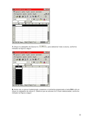 17
colunas de dados em ordem Crescente.
· %RWmR ODVVLILFDomR 'HFUHVFHQWH Este botão é utilizado para classificar uma ou mais
colunas de dados em ordem Decrescente.
· %RWmR $VVLVWHQWH GH JUiILFR Abre um assistente que nos auxilia na criação de gráficos.
· %RWmR 0DSD Perm ite a inserção de um mapa, a partir de um banco de dados de diversos
mapas disponibilizados pelo Excel.
· %RWmR 'HVHQKR Ao clicarmos neste botão, será exibida, na parte inferior do vídeo, a
%DUUD GH )HUUDPHQWDV 'HVHQKR . Nesta Barra de Ferram entas, temos uma série de botões
para a criação de desenhos básicos.
· %RWmR =RRP Perm ite que a planilha seja exibida em tamanho norm al (100% ),
reduzida (menos do que 100% ) ou am pliada (m ais do que 100% ). Podemos selecionar um
valor na lista, ou digitar um valor, com o por exemplo 85% .
· %RWmR $VVLVWHQWH GR 2IILFH ) 