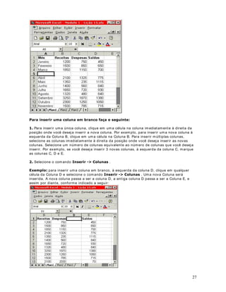 19
Se alterarm os um dos valores que fazem parte da fórm ula (A2 ou B2, o valor será recalculado,
automaticamente, conforme indicado na figura a seguir:
DStWXOR 
6HOHFLRQDQGR FpOXODV H IDL[DV GH FpOXODV  3DUWH ,
2EMHWLYR Vam os aprender a selecionar células e faixas de células
RPR VHOHFLRQDU XPD FpOXOD RX IDL[DV GH FpOXODV HP XPD SODQLOKD XWLOL]DQGR R
PRXVH
3DUD VHOHFLRQDU )DoD R VHJXLQWH
Uma única célula Clique na célula ou pressione as teclas de direção
para ir para a célula.
Um intervalo de células Clique na prim eira célula do intervalo e, mantenha o
mouse pressionado e em seguida, arraste até a
última célula.
Células não-adjacentes ou
intervalos de células
Selecione a prim eira célula ou o prim eiro intervalo
de células e, em seguida, mantenha pressionada a
tecla CTRL e selecione as outras células ou os outros
intervalos.
Um intervalo de células grande Clique na prim eira célula do intervalo, libere o
mouse e, em seguida, mantenha pressionada a tecla
SHI FT e clique na últim a célula do intervalo. Você
pode rolar para tornar a última célula visível.
Uma linha inteira Clique no cabeçalho da linha. Por exemplo, para
selecionar a prim eira linha, clique no botão ,
bem à esquerda da linha.
Uma coluna inteira Clique no cabeçalho da coluna. Por exemplo, para
selecionar a coluna A, clique no botão , no
cabeçalho da coluna.
Linhas ou colunas Arraste pelos cabeçalhos de linhas ou colunas. Ou
 