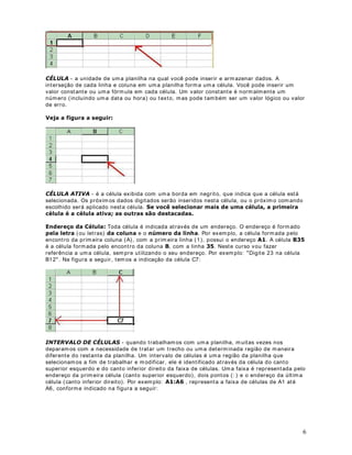 6
e/8/$ - a unidade de uma planilha na qual você pode inserir e armazenar dados. A
interseção de cada linha e coluna em uma planilha forma uma célula. Você pode inserir um
valor constante ou uma fórmula em cada célula. Um valor constante é normalm ente um
número (incluindo uma data ou hora) ou texto, mas pode também ser um valor lógico ou valor
de erro.
9HMD D ILJXUD D VHJXLU
e/8/$ $7,9$ - é a célula exibida com uma borda em negrito, que indica que a célula está
selecionada. Os próxim os dados digitados serão inseridos nesta célula, ou o próxim o comando
escolhido será aplicado nesta célula. 6H YRFr VHOHFLRQDU PDLV GH XPD FpOXOD D SULPHLUD
FpOXOD p D FpOXOD DWLYD DV RXWUDV VmR GHVWDFDGDV
(QGHUHoR GD pOXOD Toda célula é indicada através de um endereço. O endereço é formado
SHOD OHWUD (ou letras) GD FROXQD e o Q~PHUR GD OLQKD. Por exemplo, a célula formada pelo
encontro da prim eira coluna (A), com a prim eira linha (1), possui o endereço $. A célula %
é a célula formada pelo encontro da coluna %, com a linha . Neste curso vou fazer
referência a um a célula, sempre utilizando o seu endereço. Por exemplo: Digite 23 na célula
B12. Na figura a seguir, tem os a indicação da célula C7:
,17(59$/2 '( e/8/$6 - quando trabalham os com um a planilha, m uitas vezes nos
deparam os com a necessidade de tratar um trecho ou uma determ inada região de maneira
diferente do restante da planilha. Um intervalo de células é uma região da planilha que
selecionam os a fim de trabalhar e m odificar, ele é identificado através da célula do canto
superior esquerdo e do canto inferior direito da faixa de células. Um a faixa é representada pelo
endereço da prim eira célula (canto superior esquerdo), dois pontos (: ) e o endereço da últim a
célula (canto inferior direito). Por exemplo: $$ , representa a faixa de células de A1 até
A6, conforme indicado na figura a seguir:
 