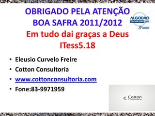 OBRIGADO PELA ATENÇÃO
        BOA SAFRA 2011/2012
       Em tudo dai graças a Deus
              ITess5.18
•   Eleusio Curvelo Freire
•   Cotton Consultoria
•   www.cottonconsultoria.com
•   Fone:83-9971959
 