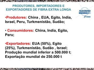 PRODUTORES, IMPORTADORES E
EXPORTADORES DE FIBRA EXTRA LONGA

•Produtores: China , EUA, Egito, India,
Israel, Peru, Turkmenistão, Sudão;

• Consumidores: China, India, Egito,
Peru;

•Exportadores: EUA (50%), Egito
(25%), Turkmenistão, Sudão , Israel;
Produção mundial inferior a 500.000 t;
Exportação mundial de 250.000 t
 