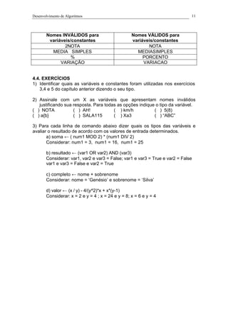 Desenvolvimento de Algoritmos 11
Nomes INVÁLIDOS para
variáveis/constantes
Nomes VÁLIDOS para
variáveis/constantes
2NOTA NOTA
MEDIA SIMPLES MEDIASIMPLES
% PORCENTO
VARIAÇÃO VARIACAO
4.4. EXERCÍCIOS
1) Identificar quais as variáveis e constantes foram utilizadas nos exercícios
3,4 e 5 do capítulo anterior dizendo o seu tipo.
2) Assinale com um X as variáveis que apresentam nomes inválidos
justificando sua resposta. Para todas as opções indique o tipo da variável.
( ) NOTA ( ) AH! ( ) km/h ( ) 5(8)
( ) a{b} ( ) SALA115 ( ) Xa3 ( ) “ABC”
3) Para cada linha de comando abaixo dizer quais os tipos das variáveis e
avaliar o resultado de acordo com os valores de entrada determinados.
a) soma ← ( num1 MOD 2) * (num1 DIV 2)
Considerar: num1 = 3, num1 = 16, num1 = 25
b) resultado ← (var1 OR var2) AND (var3)
Considerar: var1, var2 e var3 = False; var1 e var3 = True e var2 = False
var1 e var3 = False e var2 = True
c) completo ← nome + sobrenome
Considerar: nome = ‘Genésio’ e sobrenome = ‘Silva’
d) valor ← (x / y) - 4/(y^2)*x + x*(y-1)
Considerar: x = 2 e y = 4 ; x = 24 e y = 8; x = 6 e y = 4
 