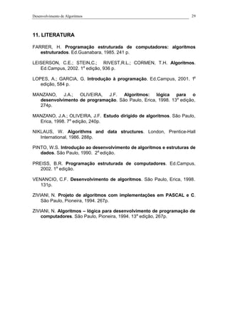 Desenvolvimento de Algoritmos 29
11. LITERATURA
FARRER, H. Programação estruturada de computadores: algoritmos
estruturados. Ed.Guanabara, 1985. 241 p.
LEISERSON, C.E.; STEIN,C.; RIVEST,R.L.; CORMEN, T.H. Algoritmos.
Ed.Campus, 2002. 1a
edição, 936 p.
LOPES, A.; GARCIA, G. Introdução à programação. Ed.Campus, 2001. 1a
edição, 584 p.
MANZANO, J.A.; OLIVEIRA, J.F. Algoritmos: lógica para o
desenvolvimento de programação. São Paulo, Erica, 1998. 13a
edição,
274p.
MANZANO, J.A.; OLIVEIRA, J.F. Estudo dirigido de algoritmos. São Paulo,
Erica, 1998. 7a
edição, 240p.
NIKLAUS, W. Algorithms and data structures. London, Prentice-Hall
International, 1986. 288p.
PINTO, W.S. Introdução ao desenvolvimento de algoritmos e estruturas de
dados. São Paulo, 1990. 2a
edição.
PREISS, B.R. Programação estruturada de computadores. Ed.Campus,
2002. 1a
edição.
VENANCIO, C.F. Desenvolvimento de algoritmos. São Paulo, Erica, 1998.
131p.
ZIVIANI, N. Projeto de algoritmos com implementações em PASCAL e C.
São Paulo, Pioneira, 1994. 267p.
ZIVIANI, N. Algoritmos – lógica para desenvolvimento de programação de
computadores. São Paulo, Pioneira, 1994. 13a
edição, 267p.
 
