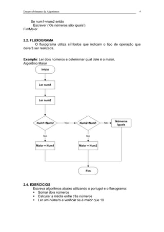 Desenvolvimento de Algoritmos 4
Se num1=num2 então
Escrever (‘Os números são iguais’)
FimMaior
2.2. FLUXOGRAMA
O fluxograma utiliza símbolos que indicam o tipo de operação que
deverá ser realizada.
Exemplo: Ler dois números e determinar qual dele é o maior.
Algoritmo Maior
Início
Ler num1
Ler num2
Num1>Num2
Maior = Num1
Sim
Maior = Num2
Num2>Num1Não
Sim
Números
iguais
Não
Fim
2.4. EXERCÍCIOS
Escreva algoritmos abaixo utilizando o portugol e o fluxograma:
§ Somar dois números
§ Calcular a média entre três números
§ Ler um número e verificar se é maior que 10
 