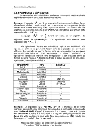 Desenvolvimento de Algoritmos 6
3.3. OPERADORES E EXPRESSÕES
As expressões são instruções formadas por operadores e cujo resultado
dependerá de valores atribuídos a estes operadores.
Exemplo: A equação xx2
+ é um exemplo de expressão aritmética. Como
não existe o símbolo relacionado à raiz no teclado de um computador (e isto
ocorre com outros símbolos) esta expressão deverá ser escrita em um
algoritmo da seguinte maneira: x^2+x^(1/2). Os operadores que formam esta
expressão são ^, +, ( ) e /.
A equação
2
x
xy4yx 33
−+ deverá ser escrita em um algoritmo da
seguinte forma: x^3*y^3+4*x*y-x/2. Os operadores que formam esta
expressão são ^, *, -, / e +.
Os operadores podem ser aritméticos, lógicos ou relacionais. Os
operadores aritméticos geralmente fazem parte de expressões que envolvem
cálculos. Os operadores lógicos fazem parte de expressões que envolvem
resultados caracterizados como “verdadeiro” ou “falso”. Finalmente, os
operadores relacionais indicam uma comparação a ser realizada entre os
termos de uma relação. A tabela mostrada a seguir apresenta os principais
operadores, seus tipos e símbolos.
OPERAÇÃO TIPO SÍMBOLO
Adição aritmético +
Subtração aritmético -
Multiplicação Aritmético *
Divisão Aritmético /
Potência Aritmético ^
Conjunção Lógico AND (E)
Disjunção Lógico OR (OU)
Negação Lógico NOT (NÃO)
Maior Relacional >
Maior ou igual Relacional >=
Menor Relacional <
Menor ou igual Relacional <=
Igual Relacional =
Diferente Relacional <>
Prioridade Relacional ( )
Exemplo: A expressão (2+3 >2) AND (3+1<2) é analisada da seguinte
maneira: o que está entre parêntesis é executado e a expressão é simplificada
para (5>2) AND (4<2). Como 5 é maior que 2, a primeira comparação resulta
em verdadeiro e, como 4 é maior que 2, a segunda comparação resulta em
falso. Um valor verdadeiro e um valor falso conectados por AND resulta em
falso, que é o resultado final da expressão.
Os operadores lógicos se relacionam da seguinte forma:
§ Verdadeiro AND Verdadeiro = Verdadeiro
 