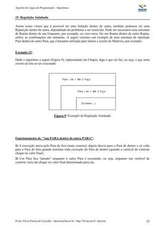 Apostila de Lógica de Programação - Algoritmos 
15 Repetição Aninhada 
Assim como vimos que é possível ter uma Seleção dentro de outra, também podemos ter uma 
Repetição dentro de outra, dependendo do problema a ser resolvido. Pode ser necessária uma estrutura 
de Repita dentro de um Enquanto, por exemplo, ou vice-versa. Ou um Repita dentro de outro Repita, 
enfim, as combinações são inúmeras. A seguir veremos um exemplo de uma estrutura de repetição 
Para dentro de outro Para, que é bastante utilizado para leitura e escrita de Matrizes, por exemplo. 
Exemplo 12: 
Dado o algoritmo a seguir (Figura 9), representado em Chapin, diga o que ele faz, ou seja, o que seria 
escrito na tela ao ser executado. 
Figura 9: Exemplo de Repetição Aninhada 
Funcionamento de um PARA dentro de outro PARA: 
1) A execução inicia pelo Para de fora (mais externo), depois desvia para o Para de dentro e só volta 
para o Para de fora quando terminar toda execução do Para de dentro (quando a variável de controle 
chegar no valor final). 
2) Um Para fica parado enquanto o outro Para é executado, ou seja, enquanto sua variável de 
controle varia até chegar no valor final determinado para ela. 
Profa. Flávia Pereira de Carvalho - fpereira@faccat.br - http://fit.faccat.br/~fpereira 25 
 