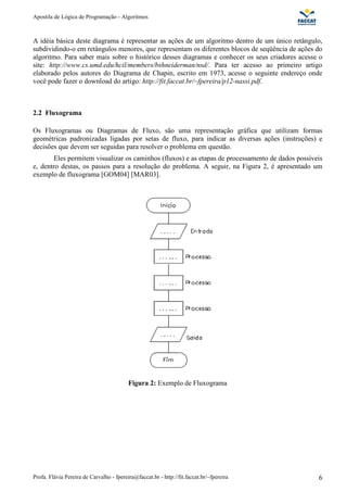 Apostila de Lógica de Programação - Algoritmos
Profa. Flávia Pereira de Carvalho - fpereira@faccat.br - http://fit.faccat.br/~fpereira 6
A idéia básica deste diagrama é representar as ações de um algoritmo dentro de um único retângulo,
subdividindo-o em retângulos menores, que representam os diferentes blocos de seqüência de ações do
algoritmo. Para saber mais sobre o histórico desses diagramas e conhecer os seus criadores acesse o
site: http://www.cs.umd.edu/hcil/members/bshneiderman/nsd/. Para ter acesso ao primeiro artigo
elaborado pelos autores do Diagrama de Chapin, escrito em 1973, acesse o seguinte endereço onde
você pode fazer o download do artigo: http://fit.faccat.br/~fpereira/p12-nassi.pdf.
2.2 Fluxograma
Os Fluxogramas ou Diagramas de Fluxo, são uma representação gráfica que utilizam formas
geométricas padronizadas ligadas por setas de fluxo, para indicar as diversas ações (instruções) e
decisões que devem ser seguidas para resolver o problema em questão.
Eles permitem visualizar os caminhos (fluxos) e as etapas de processamento de dados possíveis
e, dentro destas, os passos para a resolução do problema. A seguir, na Figura 2, é apresentado um
exemplo de fluxograma [GOM04] [MAR03].
Figura 2: Exemplo de Fluxograma
 