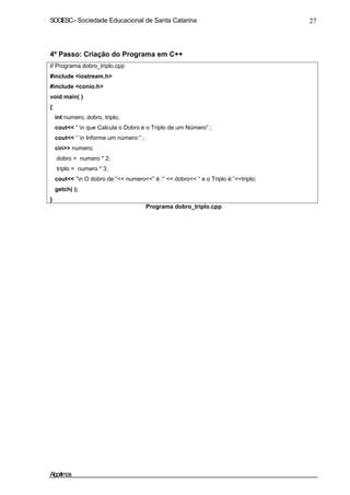 SOCIESC–Sociedade Educacional de Santa Catarina 27
4º Passo: Criação do Programa em C++
// Programa dobro_triplo.cpp
#include <iostream.h>
#include <conio.h>
void main( )
{
int numero, dobro, triplo;
cout<< “ n que Calcula o Dobro e o Triplo de um Número” ;
cout<< “ n Informe um número:” ;
cin>> numero;
dobro = numero * 2;
triplo = numero * 3;
cout<< ”n O dobro de:”<< numero<<” é :” << dobro<< “ e o Triplo é:”<<triplo;
getch( );
}
Programa dobro_triplo.cpp
Algoritmos
 