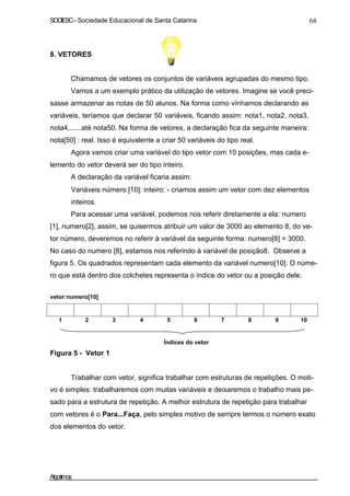 SOCIESC–Sociedade Educacional de Santa Catarina 68
8. VETORES
Chamamos de vetores os conjuntos de variáveis agrupadas do mesmo tipo.
Vamos a um exemplo prático da utilização de vetores. Imagine se você preci-
sasse armazenar as notas de 50 alunos. Na forma como vínhamos declarando as
variáveis, teríamos que declarar 50 variáveis, ficando assim: nota1, nota2, nota3,
nota4,......até nota50. Na forma de vetores, a declaração fica da seguinte maneira:
nota[50] : real. Isso é equivalente a criar 50 variáveis do tipo real.
Agora vamos criar uma variável do tipo vetor com 10 posições, mas cada e-
lemento do vetor deverá ser do tipo inteiro.
A declaração da variável ficaria assim:
Variáveis número [10]: inteiro; - criamos assim um vetor com dez elementos
inteiros.
Para acessar uma variável, podemos nos referir diretamente a ela: numero
[1], numero[2], assim, se quisermos atribuir um valor de 3000 ao elemento 8, do ve-
tor número, deveremos no referir à variável da seguinte forma: numero[8] = 3000.
No caso do numero [8], estamos nos referindo à variável de posição8. Observe a
figura 5. Os quadrados representam cada elemento da variável numero[10]. O núme-
ro que está dentro dos colchetes representa o índice do vetor ou a posição dele.
vetor:numero[10]
1 2 3 4 5 6 7 8 9 10
Figura 5 - Vetor 1
Índices do vetor
Trabalhar com vetor, significa trabalhar com estruturas de repetições. O moti-
vo é simples: trabalharemos com muitas variáveis e deixaremos o trabalho mais pe-
sado para a estrutura de repetição. A melhor estrutura de repetição para trabalhar
com vetores é o Para...Faça, pelo simples motivo de sempre termos o número exato
dos elementos do vetor.
Algoritmos
 
