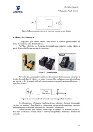Informática Industrial

                                                                  Profa.Luciana Faletti Almeida




           Figura 14. Indicação do sentido da corrente convencional em um circuito.



6.3 Fontes de Alimentação

        O dispositivo que fornece tensão a um circuito é chamado genericamente de
fonte de tensão ou fonte de alimentação.
        As Pilhas e Baterias são fontes de alimentação que produzem energia elétrica a
partir de energia liberada por reações químicas.




                                   Figura 15. Pilhas e Baterias

       As Fontes de Alimentação Eletrônicas são circuitos eletrônicos que convertem a
tensão alternada da rede elétrica em tensão contínua. São conhecidos como eliminadores
de bateria, e são fartamente utilizados em equipamentos portáteis como videogames e
aparelhos de som.


                   V                                              V
                                          Fonte
                                        Eletrônica
                           t                                                t
           Figura 16. Conversão de tensão alternada em contínua por fonte eletrônica

       Em laboratórios e oficinas de eletrônica, é mais utilizada a fonte de alimentação
variável (ou ajustável). Essa fonte tem vantagem de oferecer tensão contínua e constante,
cujo valor pode ser ajustado manualmente, conforme a necessidade.
       Fontes variáveis mais simples, o único tipo de controle é o de ajuste de tensão.
Nas mais sofisticadas, existem ainda os controles de ajuste fino de tensão e de limite de
corrente.




                                                                                               12
 