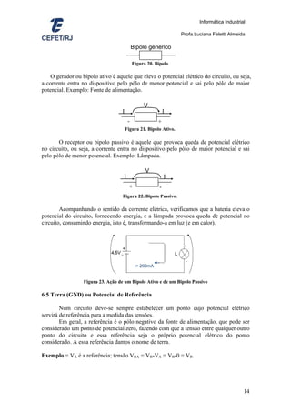 Informática Industrial

                                                                  Profa.Luciana Faletti Almeida

                                            Bipolo genérico

                                            Figura 20. Bipolo

    O gerador ou bipolo ativo é aquele que eleva o potencial elétrico do circuito, ou seja,
a corrente entra no dispositivo pelo pólo de menor potencial e sai pelo pólo de maior
potencial. Exemplo: Fonte de alimentação.

                                                 V
                                   I                        I
                                        -               +
                                       Figura 21. Bipolo Ativo.

       O receptor ou bipolo passivo é aquele que provoca queda de potencial elétrico
no circuito, ou seja, a corrente entra no dispositivo pelo pólo de maior potencial e sai
pelo pólo de menor potencial. Exemplo: Lâmpada.

                                                  V
                                    I                       I
                                         +              -
                                    Figura 22. Bipolo Passivo.

        Acompanhando o sentido da corrente elétrica, verificamos que a bateria eleva o
potencial do circuito, fornecendo energia, e a lâmpada provoca queda de potencial no
circuito, consumindo energia, isto é, transformando-a em luz (e em calor).


                                                                   +


                                                                    -
                                             I= 200mA


                  Figura 23. Ação de um Bipolo Ativo e de um Bipolo Passivo

6.5 Terra (GND) ou Potencial de Referência

        Num circuito deve-se sempre estabelecer um ponto cujo potencial elétrico
servirá de referência para a medida das tensões.
        Em geral, a referência é o pólo negativo da fonte de alimentação, que pode ser
considerado um ponto de potencial zero, fazendo com que a tensão entre qualquer outro
ponto do circuito e essa referência seja o próprio potencial elétrico do ponto
considerado. A essa referência damos o nome de terra.

Exemplo = VA é a referência; tensão VBA = VB-VA = VB-0 = VB.




                                                                                               14
 