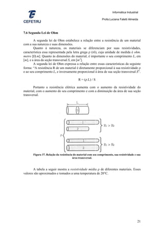 Informática Industrial

                                                                Profa.Luciana Faletti Almeida



7.6 Segunda Lei de Ohm

        A segunda lei de Ohm estabelece a relação entre a resistência de um material
com a sua natureza e suas dimensões.
        Quanto à natureza, os materiais se diferenciam por suas resistividades,
característica essa representada pela letra grega ρ (rô), cuja unidade de medida é ohm.
metro [Ω.m]. Quanto às dimensões do material, é importante o seu comprimento L, em
[m], e a área da seção transversal S, em [m2].
        A segunda lei de Ohm expressa a relação entre essas características da seguinte
forma: “A resistência R de um material é diretamente proporcional à sua resistividade ρ
e ao seu comprimento L, e inversamente proporcional à área de sua seção transversal S”.

                                            R = (ρ.L) / S

       Portanto a resistência elétrica aumenta com o aumento da resistividade do
material, com o aumento do seu comprimento e com a diminuição da área de sua seção
transversal.




       Figura 37. Relação da resistência do material com seu comprimento, sua resistividade e sua
                                        área transversal.



       A tabela a seguir mostra a resistividade média ρ de diferentes materiais. Esses
valores são aproximados e tomados a uma temperatura de 20°C.




                                                                                              21
 