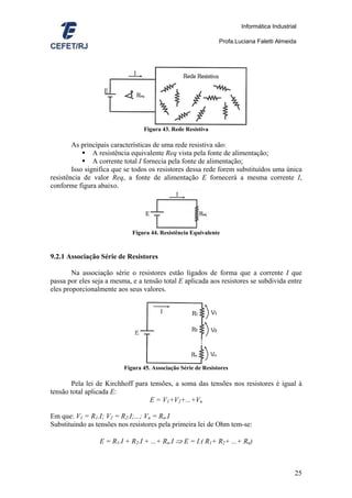Informática Industrial

                                                               Profa.Luciana Faletti Almeida




                                 Figura 43. Rede Resistiva

        As principais características de uma rede resistiva são:
                A resistência equivalente Req vista pela fonte de alimentação;
                A corrente total I fornecia pela fonte de alimentação;
        Isso significa que se todos os resistores dessa rede forem substituídos uma única
resistência de valor Req, a fonte de alimentação E fornecerá a mesma corrente I,
conforme figura abaixo.




                             Figura 44. Resistência Equivalente



9.2.1 Associação Série de Resistores

        Na associação série o resistores estão ligados de forma que a corrente I que
passa por eles seja a mesma, e a tensão total E aplicada aos resistores se subdivida entre
eles proporcionalmente aos seus valores.




                          Figura 45. Associação Série de Resistores

        Pela lei de Kirchhoff para tensões, a soma das tensões nos resistores é igual à
tensão total aplicada E:
                                   E = V1+V2+...+Vn

Em que: V1 = R1.I; V2 = R2.I;...; Vn = Rn.I
Substituindo as tensões nos resistores pela primeira lei de Ohm tem-se:

                 E = R1.I + R2.I + ...+ Rn.I ⇒ E = I.( R1+ R2+ ...+ Rn)



                                                                                            25
 