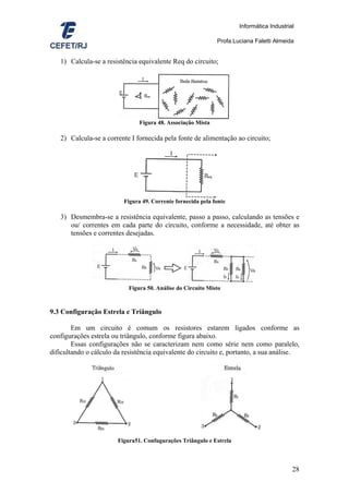 Informática Industrial

                                                              Profa.Luciana Faletti Almeida


   1) Calcula-se a resistência equivalente Req do circuito;




                                Figura 48. Associação Mista

   2) Calcula-se a corrente I fornecida pela fonte de alimentação ao circuito;




                          Figura 49. Corrente fornecida pela fonte

   3) Desmembra-se a resistência equivalente, passo a passo, calculando as tensões e
      ou/ correntes em cada parte do circuito, conforme a necessidade, até obter as
      tensões e correntes desejadas.




                            Figura 50. Análise do Circuito Misto



9.3 Configuração Estrela e Triângulo

        Em um circuito é comum os resistores estarem ligados conforme as
configurações estrela ou triângulo, conforme figura abaixo.
        Essas configurações não se caracterizam nem como série nem como paralelo,
dificultando o cálculo da resistência equivalente do circuito e, portanto, a sua análise.




                        Figura51. Confugurações Triângulo e Estrela



                                                                                           28
 