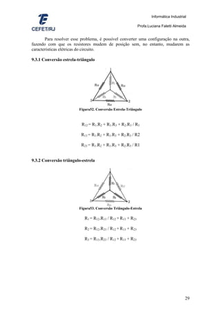 Informática Industrial

                                                             Profa.Luciana Faletti Almeida


       Para resolver esse problema, é possível converter uma configuração na outra,
fazendo com que os resistores mudem de posição sem, no entanto, mudarem as
características elétricas do circuito.

9.3.1 Conversão estrela-triângulo




                         Figura52. Conversão Estrela-Triângulo



                          R12 = R1.R2 + R1.R3 + R2.R3 / R3

                          R13 = R1.R2 + R1.R3 + R2.R3 / R2

                          R23 = R1.R2 + R1.R3 + R2.R3 / R1


9.3.2 Conversão triângulo-estrela




                         Figura53. Conversão Triângulo-Estrela

                            R1 = R12.R13 / R12 + R13 + R23

                            R2 = R12.R23 / R12 + R13 + R23

                            R3 = R13.R23 / R12 + R13 + R23




                                                                                          29
 