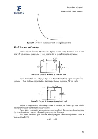 Informática Industrial

                                                               Profa.Luciana Faletti Almeida




                Figura 69. Gráfico de queda de corrente na carga do capacitor

10.6.3 Descarga no Capacitor

       Considere um circuito RC em série ligado a uma fonte de tensão E e a uma
chave S inicialmente na posição 1, com o capacitor já completamente carregado.




                     Figura 70. Circuito de Descarga do capacitor S em 1

        Dessa forma tem-se: i = 0; vc = E; vr = 0. Ao mudar a chave S para posição 2 no
instante t = 0, a fonte de alimentação é desligada, ficando o circuito RC em curto.




                     Figura 71. Circuito de descarga de capacitor S em 2

        Assim, o capacitor se descarrega sobre o resistor, de forma que sua tensão
descreve uma curva exponencial decrescente.
        Nesse caso, o capacitor comporta-se como uma fonte de tensão, cuja capacidade
de fornecimento de corrente é limitada pelo tempo de descarga.
        Pela lei de Kirchhoff para tensões, a equação geral do circuito quando a chave S
esta na posição 2 é:
                                           vc(t) = -vr(t)




                                                                                                39
 