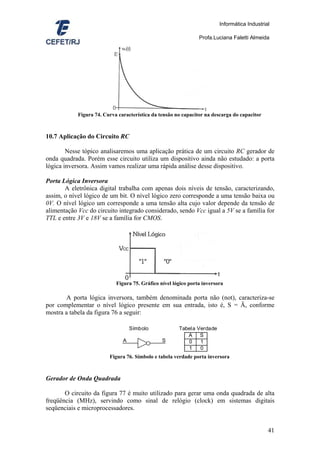 Informática Industrial

                                                                Profa.Luciana Faletti Almeida




            Figura 74. Curva característica da tensão no capacitor na descarga do capacitor



10.7 Aplicação do Circuito RC

        Nesse tópico analisaremos uma aplicação prática de um circuito RC gerador de
onda quadrada. Porém esse circuito utiliza um dispositivo ainda não estudado: a porta
lógica inversora. Assim vamos realizar uma rápida análise desse dispositivo.

Porta Lógica Inversora
       A eletrônica digital trabalha com apenas dois níveis de tensão, caracterizando,
assim, o nível lógico de um bit. O nível lógico zero corresponde a uma tensão baixa ou
0V. O nível lógico um corresponde a uma tensão alta cujo valor depende da tensão de
alimentação Vcc do circuito integrado considerado, sendo Vcc igual a 5V se a família for
TTL e entre 3V e 18V se a família for CMOS.




                            Figura 75. Gráfico nível lógico porta inversora

        A porta lógica inversora, também denominada porta não (not), caracteriza-se
por complementar o nível lógico presente em sua entrada, isto é, S = Ā, conforme
mostra a tabela da figura 76 a seguir:

                                   Símbolo             Tabela Verdade
                                                          A    S
                               A                S         0    1
                                                          1    0
                         Figura 76. Símbolo e tabela verdade porta inversora



Gerador de Onda Quadrada

       O circuito da figura 77 é muito utilizado para gerar uma onda quadrada de alta
freqüência (MHz), servindo como sinal de relógio (clock) em sistemas digitais
seqüenciais e microprocessadores.


                                                                                              41
 