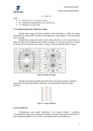 Informática Industrial

                                                            Profa.Luciana Faletti Almeida


                                      E = K.Q / d2
Onde:
        K = 9x109 N.m2/C2 (no vácuo e no ar)
        Q = módulo da carga elétrica, em Coulomb [C].
        d = distância, em metro [m].

3.1 Comportamento das Linhas de Campo

        Quando duas cargas de sinais contrários estão próximas, as linhas de campo
divergentes da carga positiva tendem a convergir para a carga negativa. Força de atração
entre as cargas.
        Quando duas cargas de mesmos sinais estão próximas, se elas são positivas, as
linhas de campo são divergentes para ambas as cargas, e se elas são negativas as linhas
de campo são convergentes para ambas as cargas. Força de repulsão entre as cargas.




                               Figura 6. Linhas de Campo.



        Quando duas placas paralelas são eletrizadas com cargas de sinais contrários,
surge entre elas um campo elétrico uniforme, caracterizado por linhas de campo
paralelas.




                                Figura 7. Campo Uniforme.

3.2 Força Elétrica

       Consideremos uma região submetida a um campo elétrico E uniforme.
Colocando uma carga Q num ponto dessa região, essa carga ficará sujeita a uma força F,
cuja unidade de medida é newton [N] e cujo módulo pode ser calculado por:



                                                                                             7
 