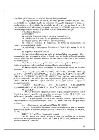 67
- Atividade Não-Licenciada: fechamento do estabelecimento faltoso.
As sanções indicadas nos itens 6,7 e 9 serão aplicadas quando o produto, a obra,
ou atividade ou o estabelecimento não estiverem obedecendo às prescrições legais ou
regulamentares. A determinação da demolição da obra, prevista no item 9, será da
competência da autoridade do órgão ambiental integrante do SISNAMA, a partir da efetiva
constatação pelo agente autuante da gravidade do dano decorrente da infração.
7- Restritivas de direito:
Compreendem:
a)- suspensão de registro, licença, permissão ou autorização;
b)- cancelamento de registro, licença, permissão ou autorização;
c)- perda ou restrição de incentivos e benefícios fiscais;
d)- perda ou suspensão da participação em linhas de financiamento em
estabelecimentos oficiais de crédito;
e)- proibição de contratar com a Administração Pública, pelo período de até 3 (
três ) anos.
12- Reparação de Danos Causados:
Exigível independentemente de culta do infrator.Sobre este aspecto, vale a
observação de que, negando-se o infrator a faze-lo, resta aos órgãos ambientais as ações
judiciais respectivas para ensejar a obrigação de fazer ou não fazer, se for o caso, quando
não a indenização.
Obs.: As penalidades são geralmente admitidas na legislação federal, mas os
Estados e Municípios podem regular de maneira diferente a sua aplicação.
13- Destinação dos valores arrecadados em pagamento de multas por infrações
ambientais:
Serão revertidos ao FUNDO NACIONAL DO MEIO AMBIENTE ( FNMA ) (
Lei 7.797, 10/07/1989 ), FUNDO NAVAL ( Decreto 20.923 de 08/01/1932 ), FUNDOS
ESTADUAIS OU MUNICIPAIS DE MEIO AMBIENTE ou correlatos, conforme dispuser
o órgão arrecadador, as multas lavradas respectivamente pelos agentes do IBAMA,
CAPITANIA DOS PORTOS, órgãos ambientais de execução estadual e órgãos de
execução municipal.
ALGUNS EXEMPLOS DE PREVISÕES INFRACIONAIS
ADMINISTRATIVAS E AS RESPECTIVAS SANÇÕES NO DECRETO 3179/99.
1)- F A U N A
Art. 12: "Introduzir espécime de animal no país, sem parecer técnico oficial
favorável e licença expedida pela autoridade competente." Multa: R$ 2.000,00, com
acréscimo por exemplar excedente de R$ 200,00 por unidade.
Art. 13: "Exportar para o exterior, peles e couros de anfíbios e répteis em bruto,
sem autoridade da autoridade competente."Multa: R$ 2.000,00 com acréscimo por animal
excedente.
Art. 15: Participar de caça profissional.Multa: R$ 5.000,00.
Art. 16: "Comercializar produtos e objetos que impliquem a caça, perseguição,
destruição ou apanha de espécime da fauna silvestre."Exceção: não é crime ( Lei 9.605/98,
art. 37 ).
2)-I C T I O F A U N A( Basicamente, peixes ).
Art. 19: "Pescar em período no qual a pesca seja proibida ou em lugares
interditados por órgão competente."Multa: R$ 700,00 a R$ 100.000,00.Mesma pena: I-
Tamanho inferior; II- Petrechos.
 